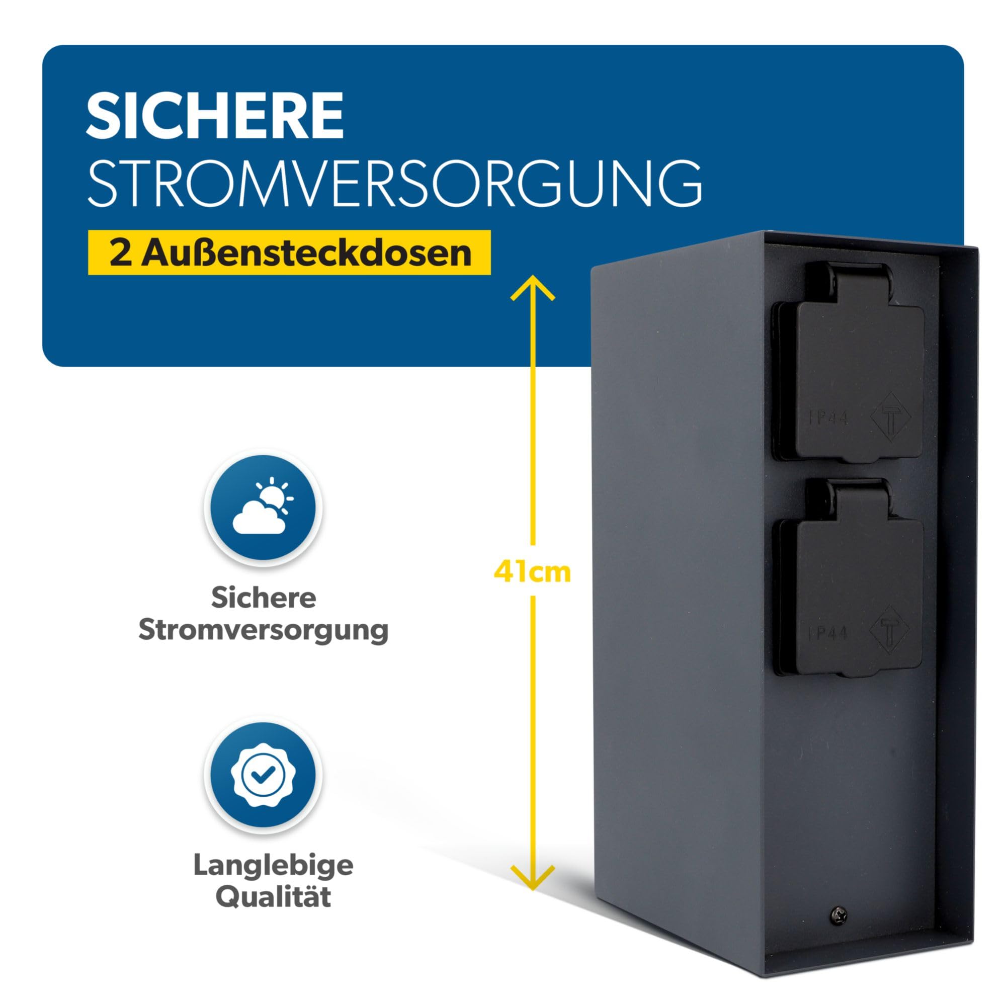 UNITEC Steckdosenverteiler für den Garten, Steckdosensäule mit Zeitschaltuhr, Außensteckdose, Edelstahl, IP 44, 2 Steckdosen
