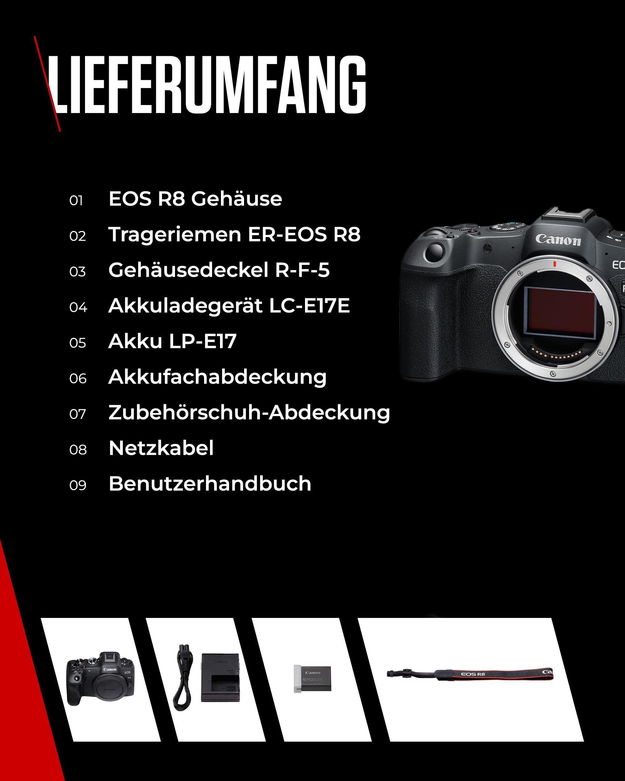 Canon EOS R8 Gehäuse 24,2 MP Vollformat-Systemkamera Dual Pixel CMOS AF II 4K 60p 40 B/s Touchdisplay WLAN Bluetooth USB-C