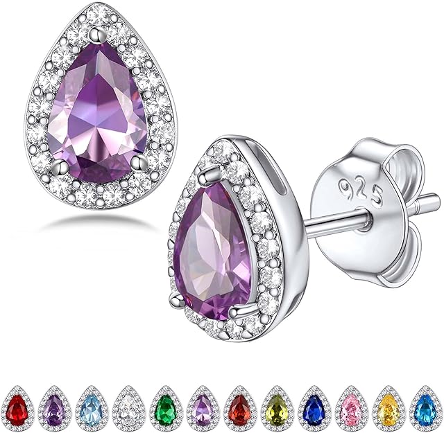 Bestyle Sparkling 925 Sterling Silver Birthstone Stud Earrings for Women, Heart/Round/Teardrop/Square Crystal Solitaire Diamond Studs Halo Earrings, Great Birthday/Christmas Gifts