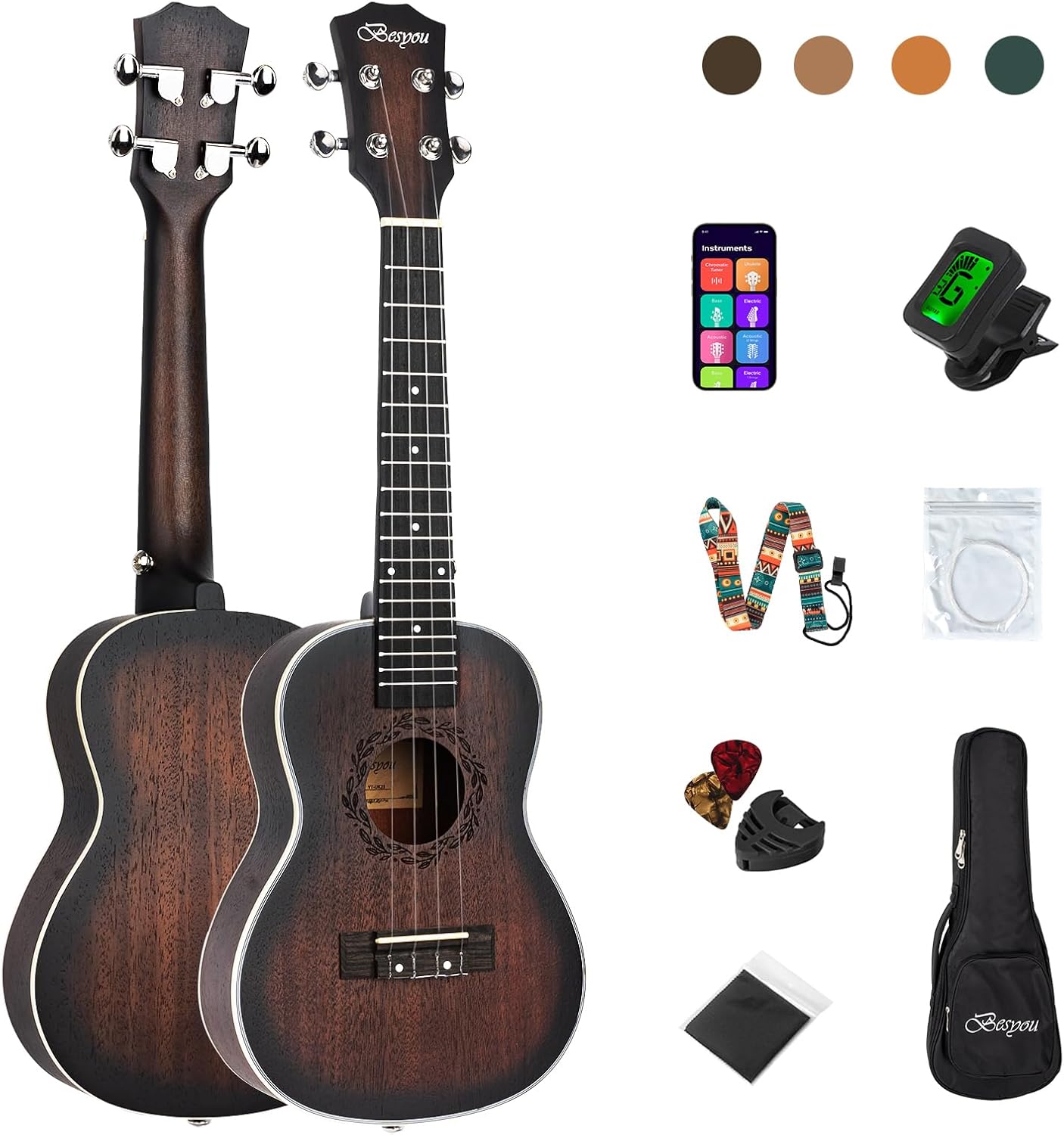 Concert Ukulele Beginner Mahogany Ukelele Kit with Tuner Gig Bag Strap Carbon Nylon String Picks Cloth Gift Choice (Brown, 23 Inch)