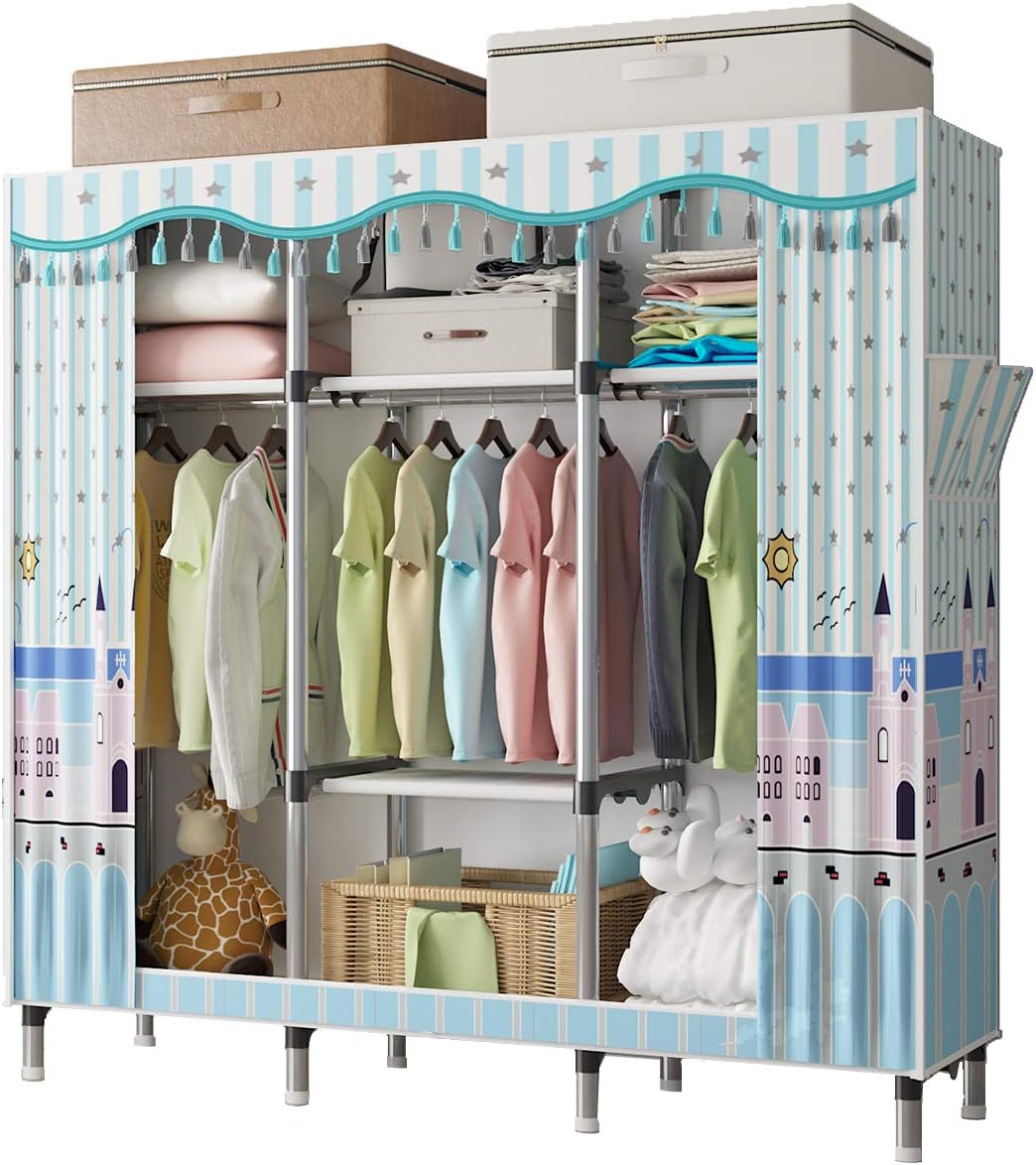 UDEAR Portable Canvas Wardrobe Clothes Toy Storage Rack 5x17.7x67.2 inches, Light Blue