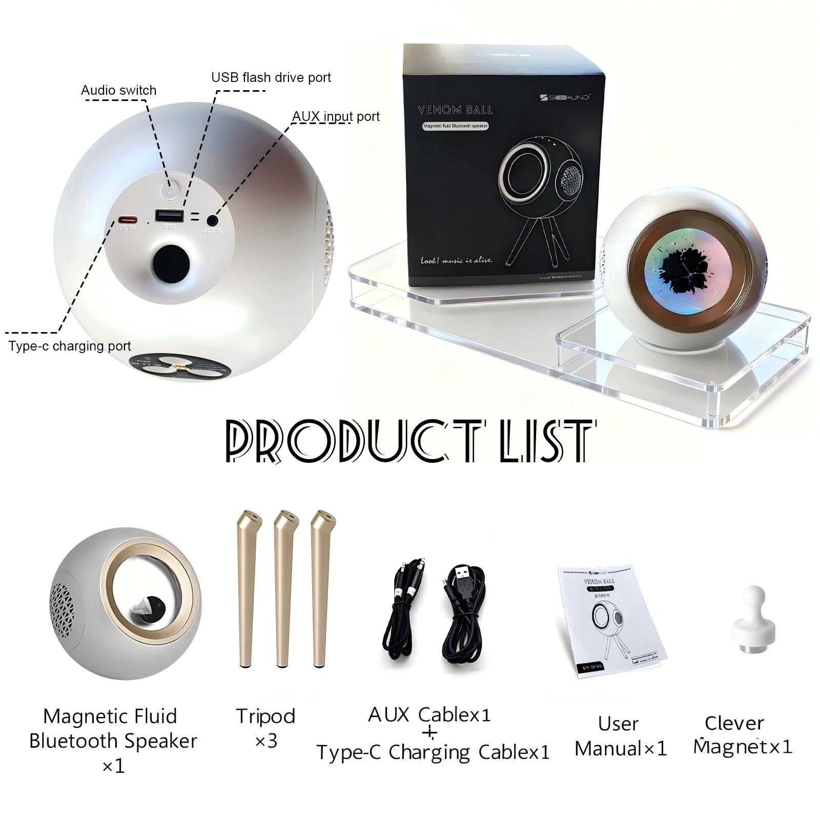 Ferrofluid Altoparlante Bluetooth,visualizzazione audio Ferrofluid Altoparlante Bluetooth con bassi migliorati e alti nitidi,doppio canale stereo,coppia TWS,vibrante luce colorata ambientale (Bianco)