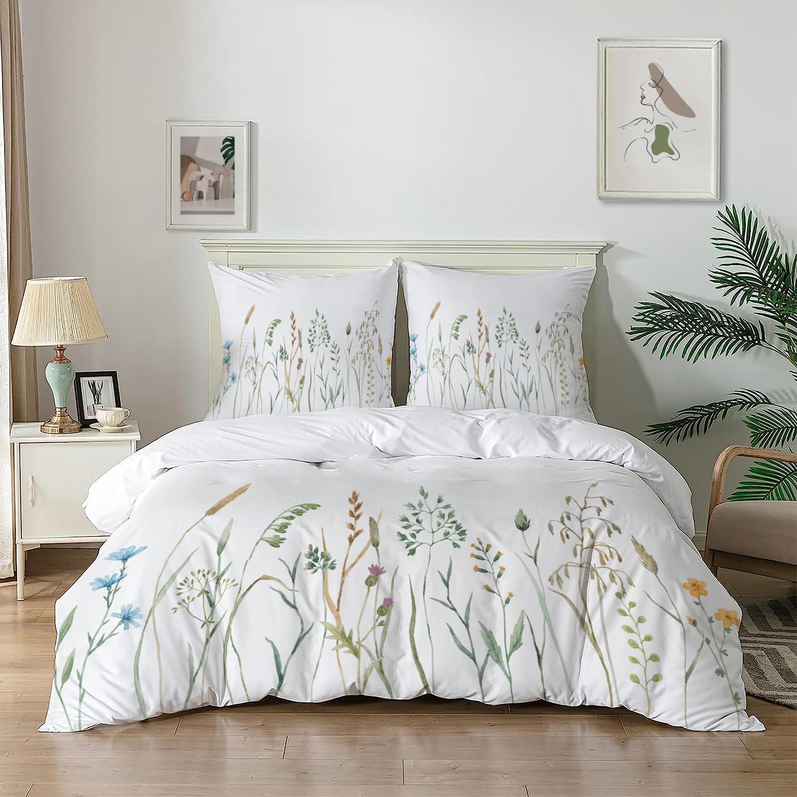 Famharbor White King Size Brushed Microfiber Duvet Cover Set With Leaf Pattern, 3-Piece Bedding Set, Zip Fastening