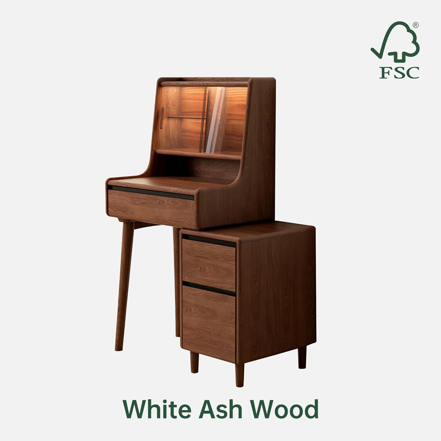 YESWOOD Extendable Vanity Desk with Dresser, Ash Wood Makeup Table for Girls, Vanity Set with LED Light and Glass Door for Bedroom, Barthroom