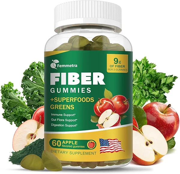 13-in-1 Prebiotic Fiber Gummies for Adults - Digestive Support with Greens Blend & ACV, Sugar Free Apple Flavor for Gut Health & Regularity - 60 Vegan Gummies, Non-GMO