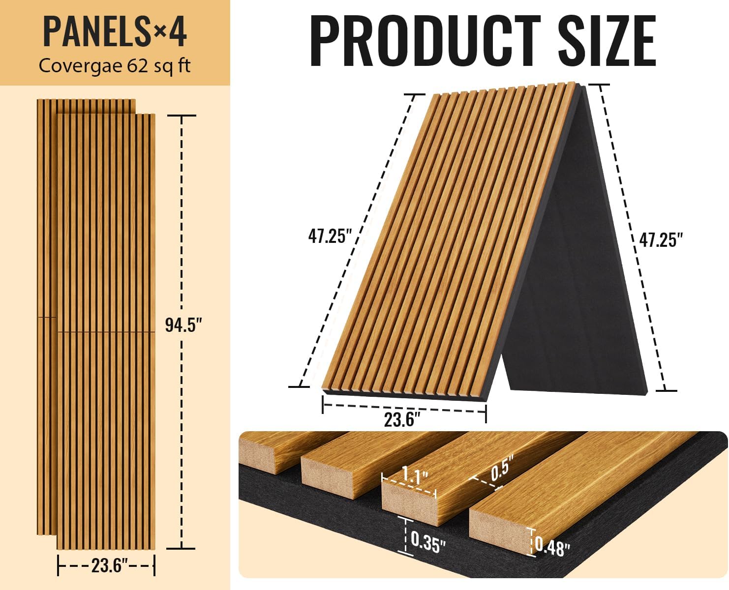 PrimeZone Wood Acoustic Wall Panels - 4 PCS 94.5" x 23.6" (62 sq ft) 3D Fluted Slat Sound Proof Wall Paneling, Sound Absorbing & Noise Reduction Interior Decor Panels for Living Room, Bedroom, Teak
