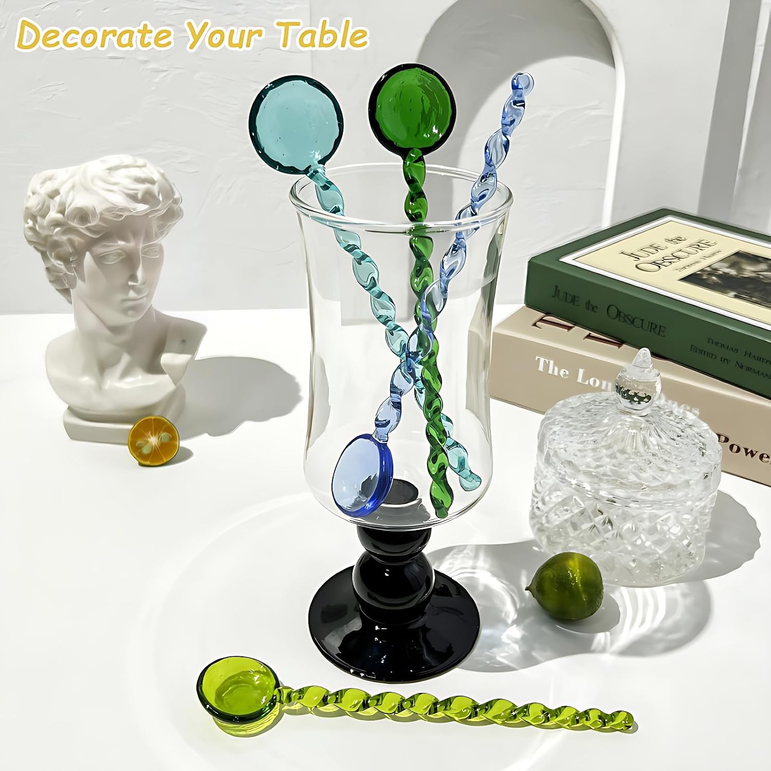 Glass Mixing Spoon 6.5 Inches Heat Resistant Stirring Spoon Rod Glass Teaspoons for Salt Sugar Tea Coffee Cocktail Cold Ice Cream Drink Party (Dark Green)