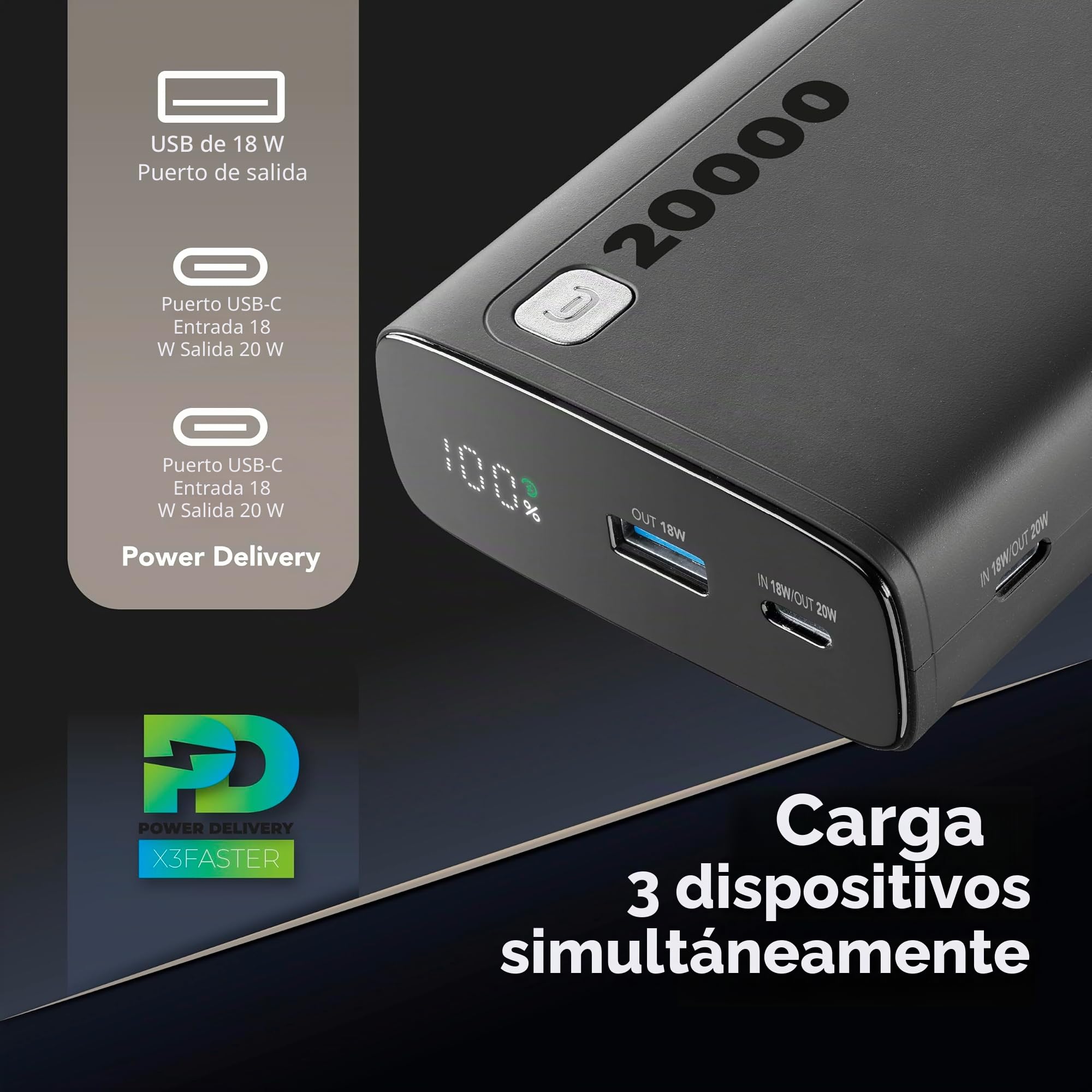 Cellularline - Elite 20000 - Cargador portátil - Capacidad de 20.000 mAh - +144 Horas de Carga Extra - 1 x USB Output: 18W Adaptive Technology - 2xUSB-C Input: 18W/ Output: 20W PD - Negro