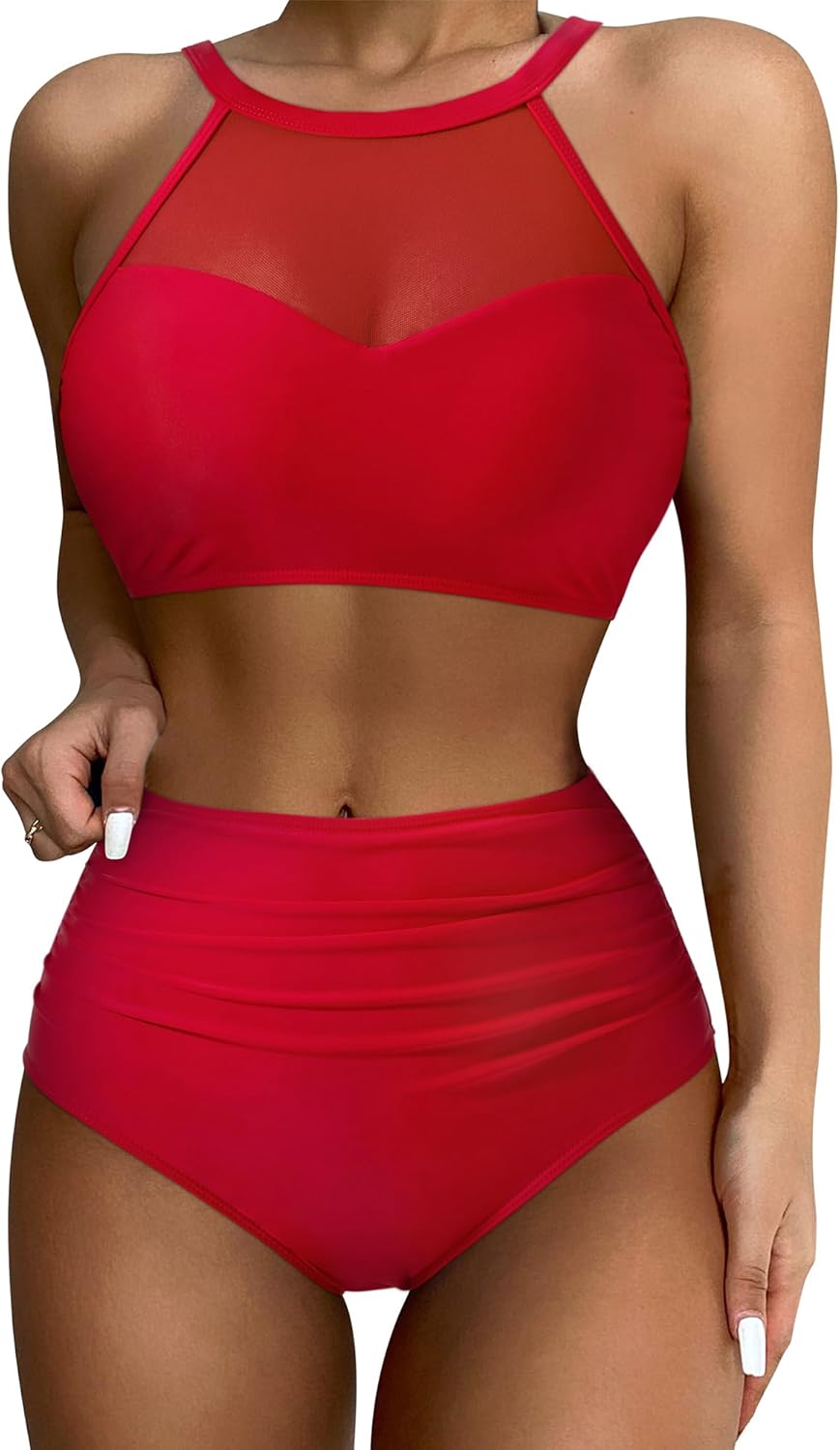 SUUKSESS Women High Waisted Bikini Sets Sexy Mesh High Neck Swimsuit 2 Piece