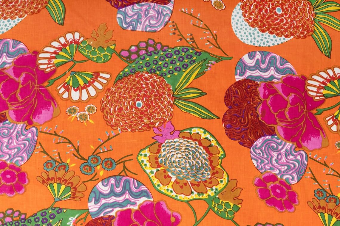 Hand Block Print, Floral Print, Soft Cotton Fabric, Fabric Modern Fruit Fabric Indian Print Fabric Women Dressmaking Fabric,Sewing,Crafting (5 Yard, Orange)