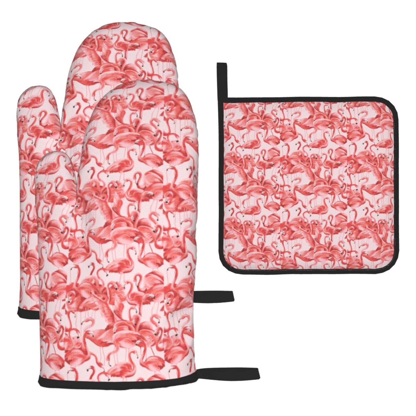 Flamingo Print Oven Set Kitchen Gloves Baking Grilling Microwaving Cooking Gift Everyday Holiday