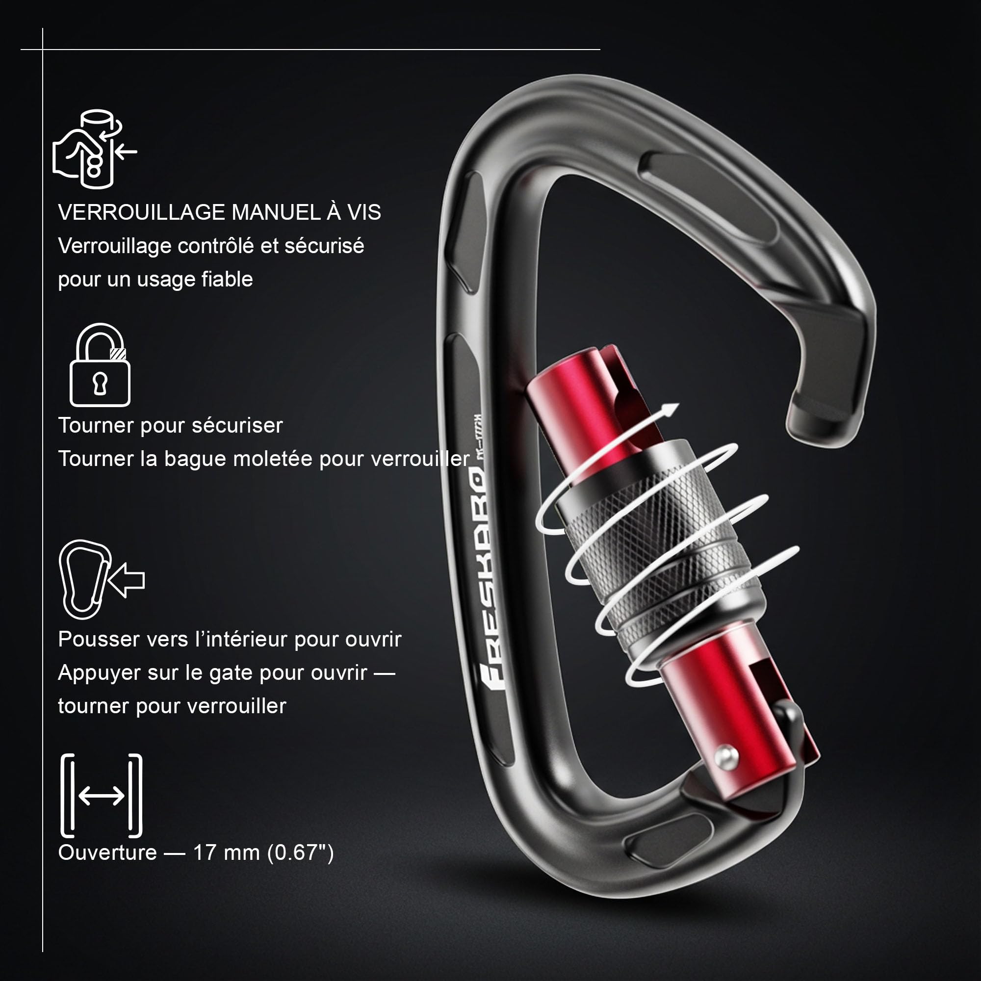 FresKaro Mousqueton d’Escalade, mousquetons en Aluminium, Mousqueton à vis, 25kN-2550kg, Double Verrouillage torsadé, Solide, pour Laisse de Chien, Pompier, hamac, Porte-clés, CE UIAA - 4