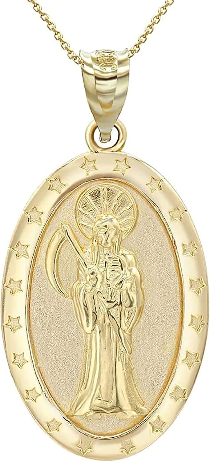 14k Yellow Gold Santa Muerte (Grim Reaper) Oval Medal in Solid Gold Choice of Pendant Only or Necklace Chain Length