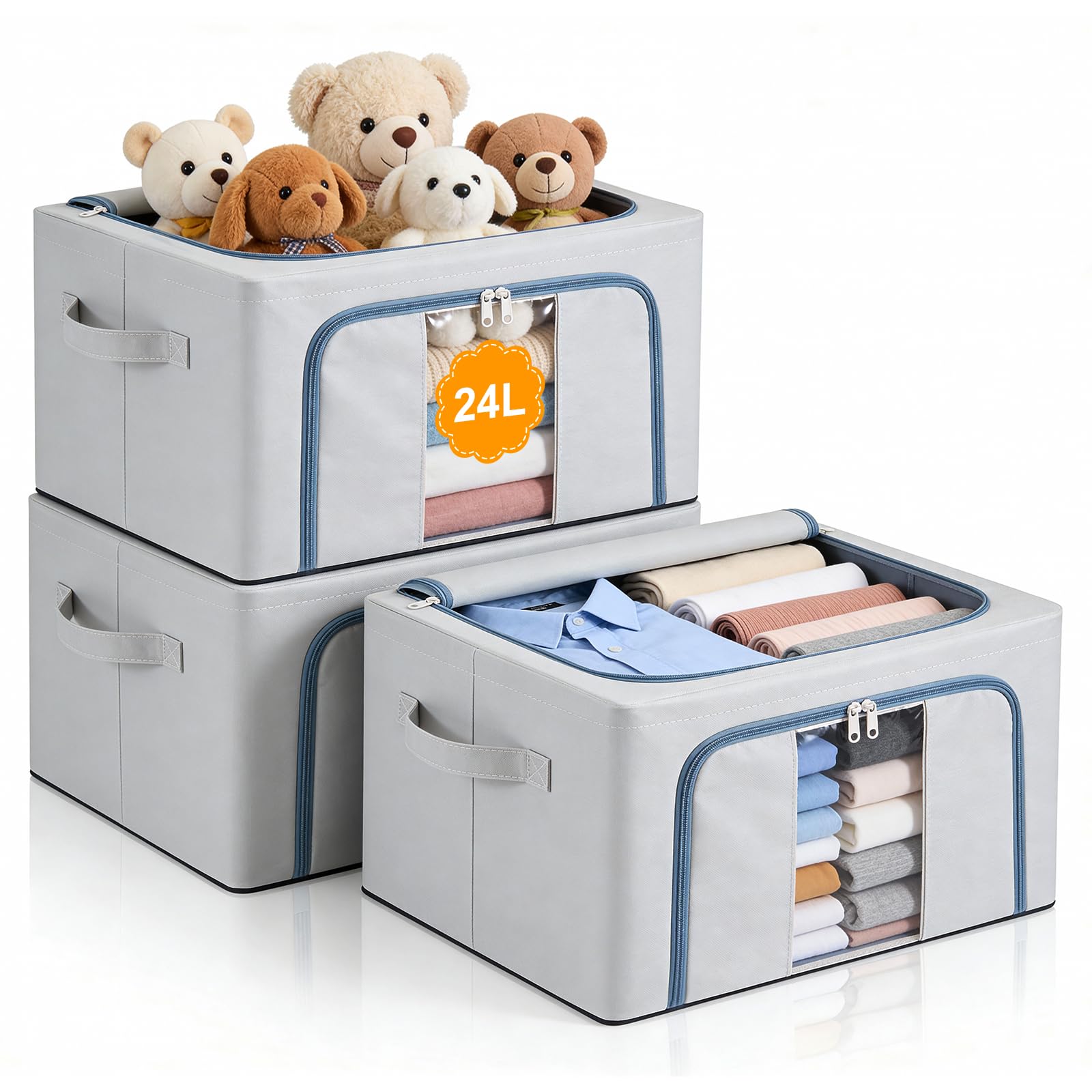 Hejo 3 Stück Kleidung Aufbewahrungsbox mit Metallrahmen, 24L Faltbare Aufbewahrungsbox mit Deckel, Doppelt öffnende Reißverschlüsse, Kleiderschrank Organizer, Ideal für Decken, Bettwäscher(Grau)
