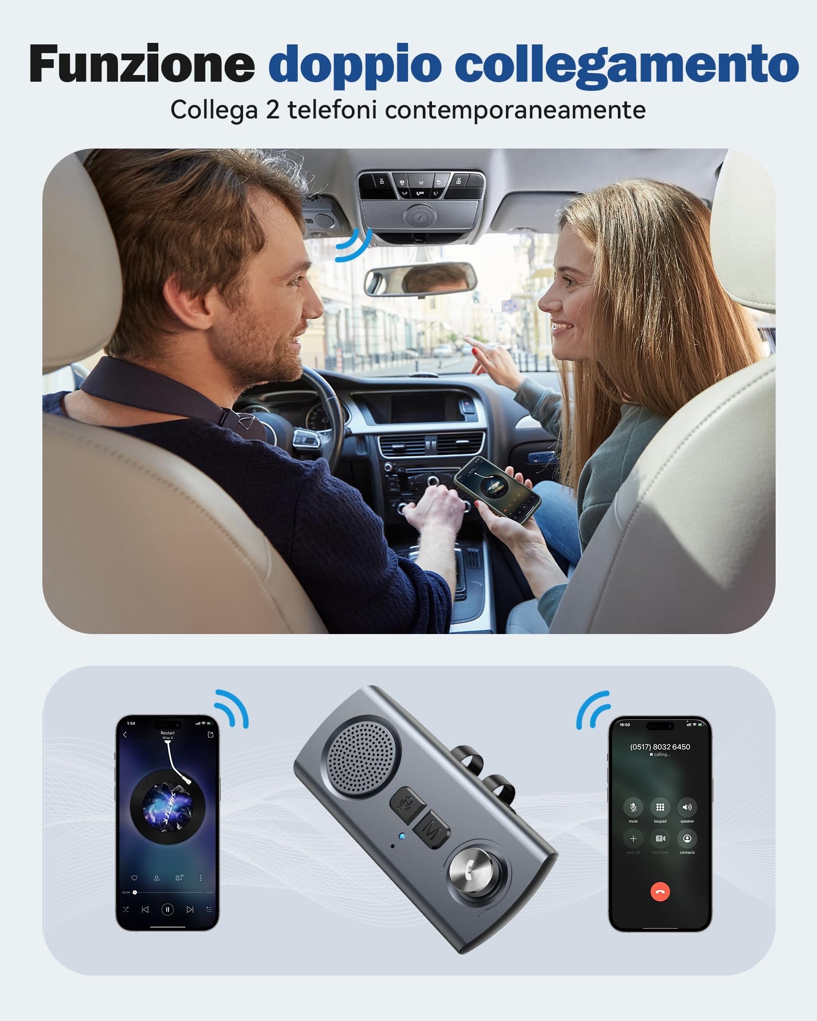 AGPTEK Vivavoce per Auto Bluetooth 5.3 con Siri, Assistente Google, Kit per Auto con Altoparlante Wireless con Slot per Scheda TF, Supporta la Connessione di 2 Telefoni Contemporaneamente