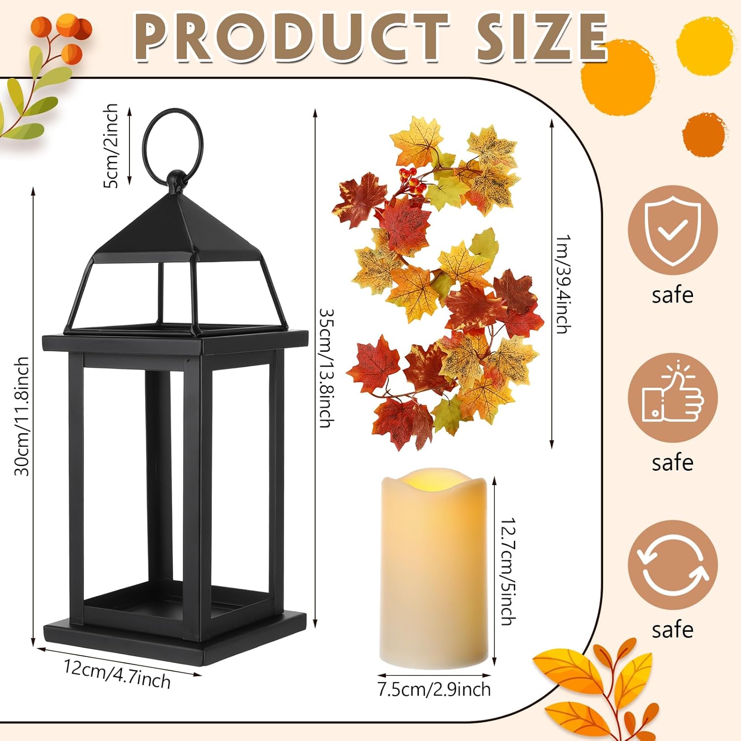 2 Set Fall Lantern Decorations 14in Thanksgiving Metal Lantern Holder with Led Candle Vintage Candle Holder with Maple Vine Decor for Outdoor Indoor Patio Front Porch Table
