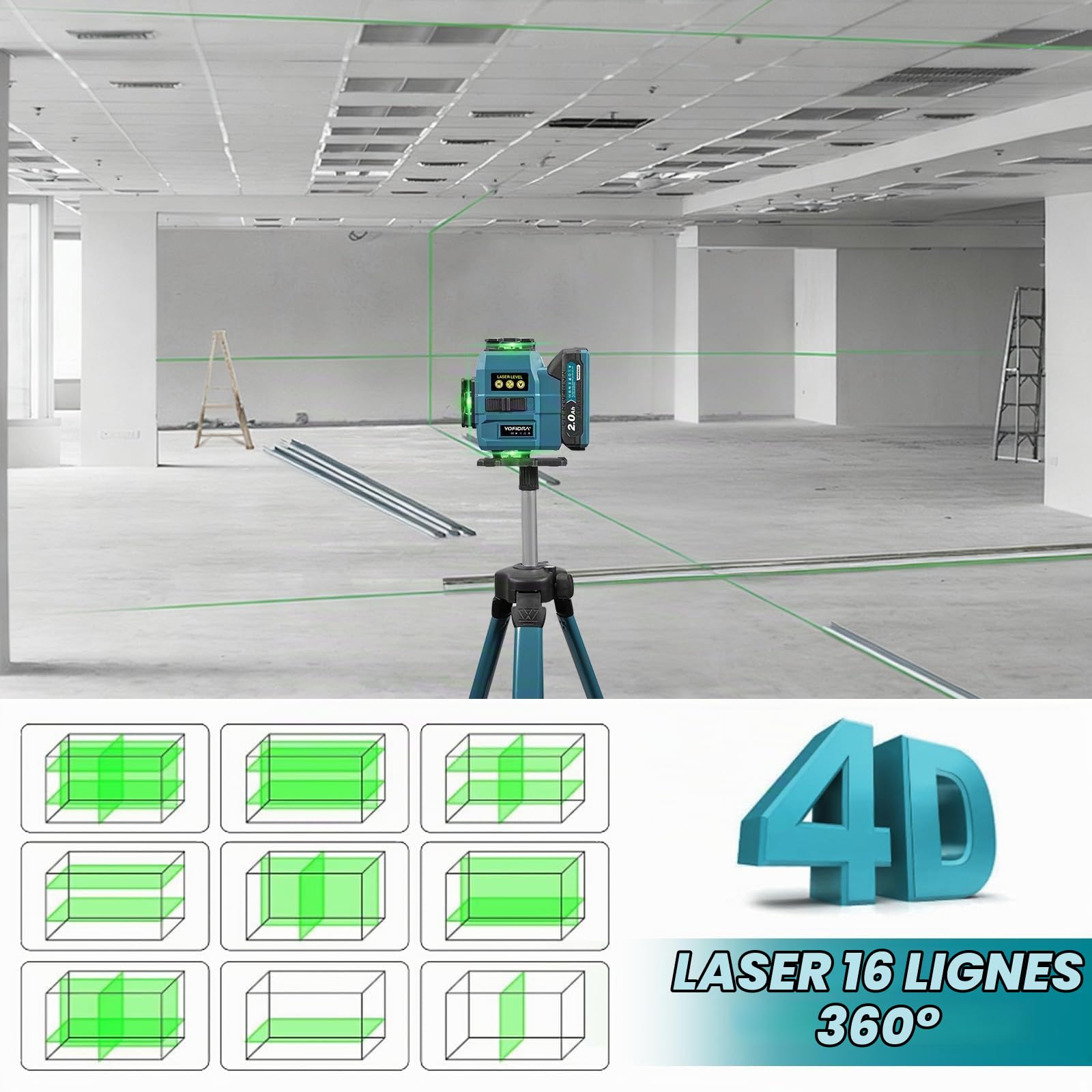 Yofidra Niveau Laser avec Trepied Autonivelant, 360°x 4, 4D 16 Lignes Laser | Nivellement Automatique, IP54, avec 2 Batteries 2000 mAh, pour les Chantiers en Intérieur