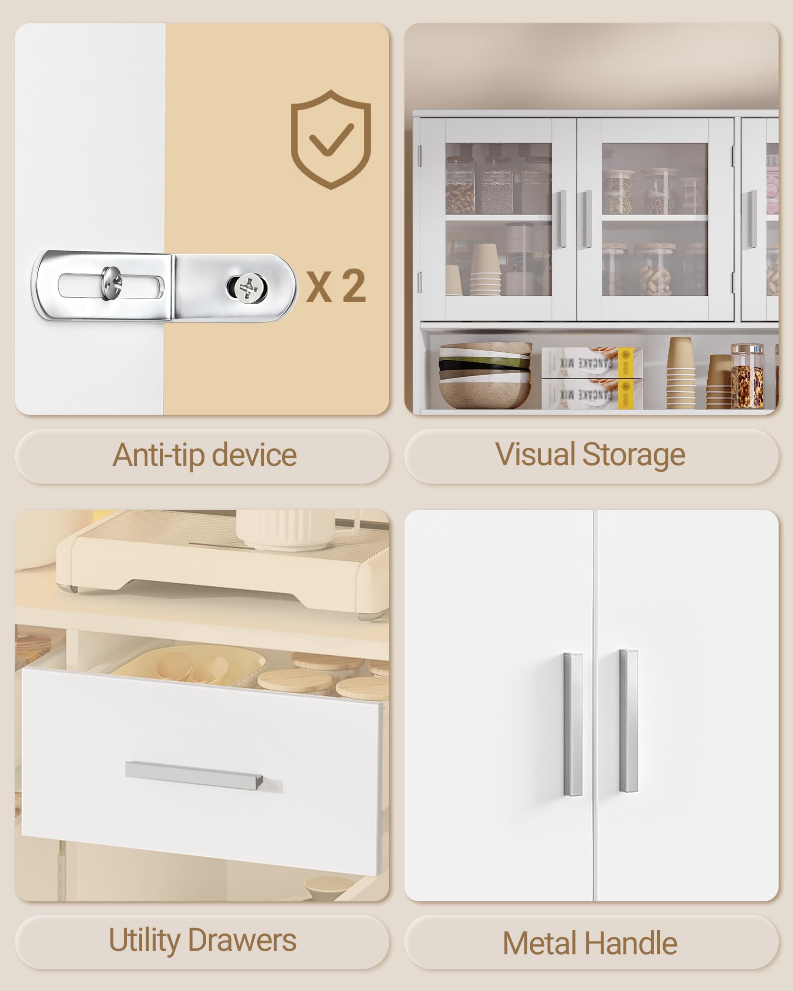 Hzuaneri Buffetschrank, Küchenschrank mit 3 Schubladen, Hochschrank | mit Steckdosenleiste und LED, 3 Schranktüren mit Glasfront, Küche, Wohnzimmer, 40 x 100 x 190 cm, Weiß, PT10103XEU
