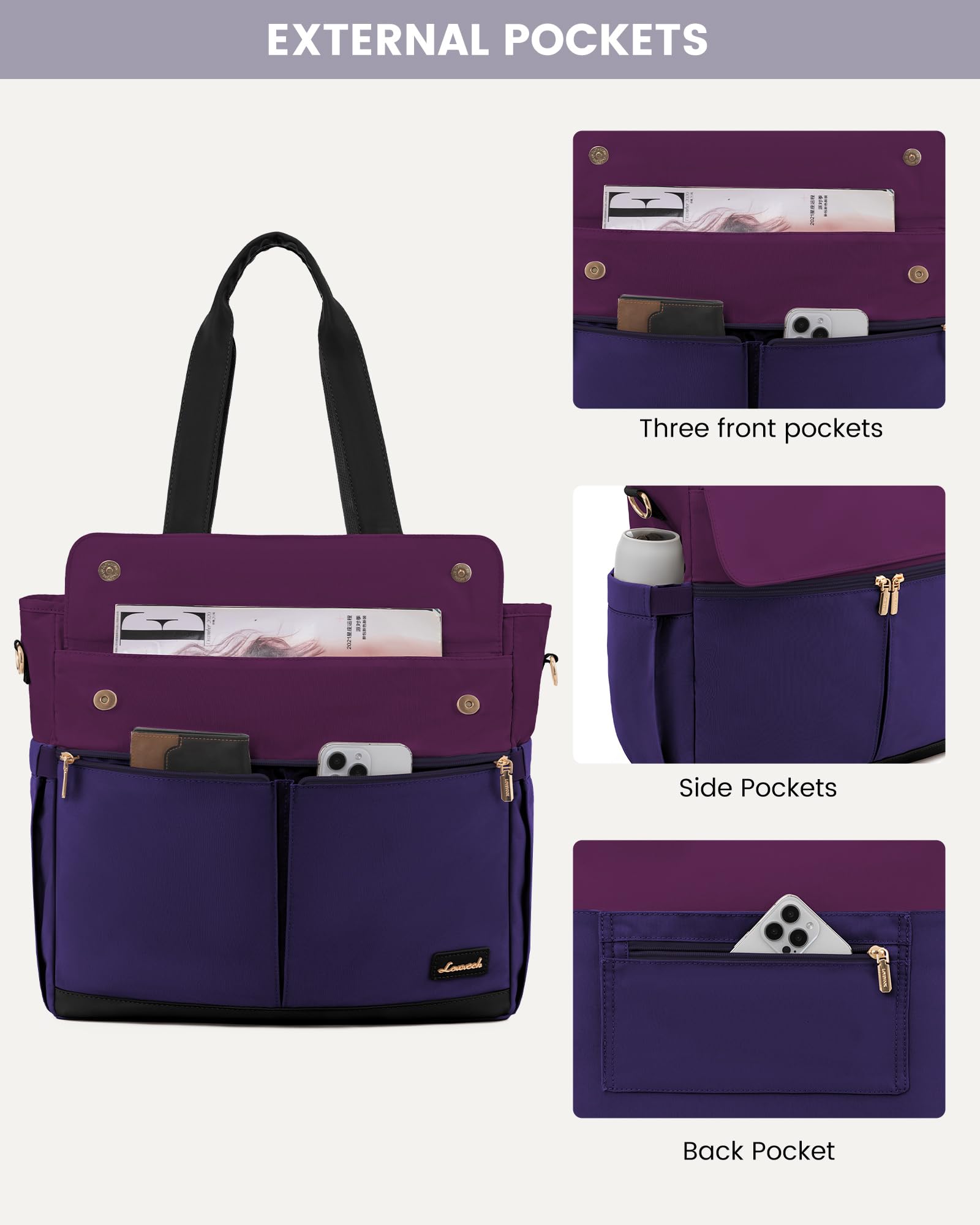 LOVEVOOK Borsa per computer portatile da donna, in tela, grande capacità, con tasche multiple, borsa da lavoro per insegnanti, infermiere, viaggi d'affari