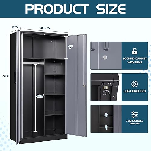 Miniatura 3 de MIIIKO Armario de metal con puertas de bloqueo, armario de metal para ropa, armario de almacenamiento de acero de 2 puertas con estantes ajustables