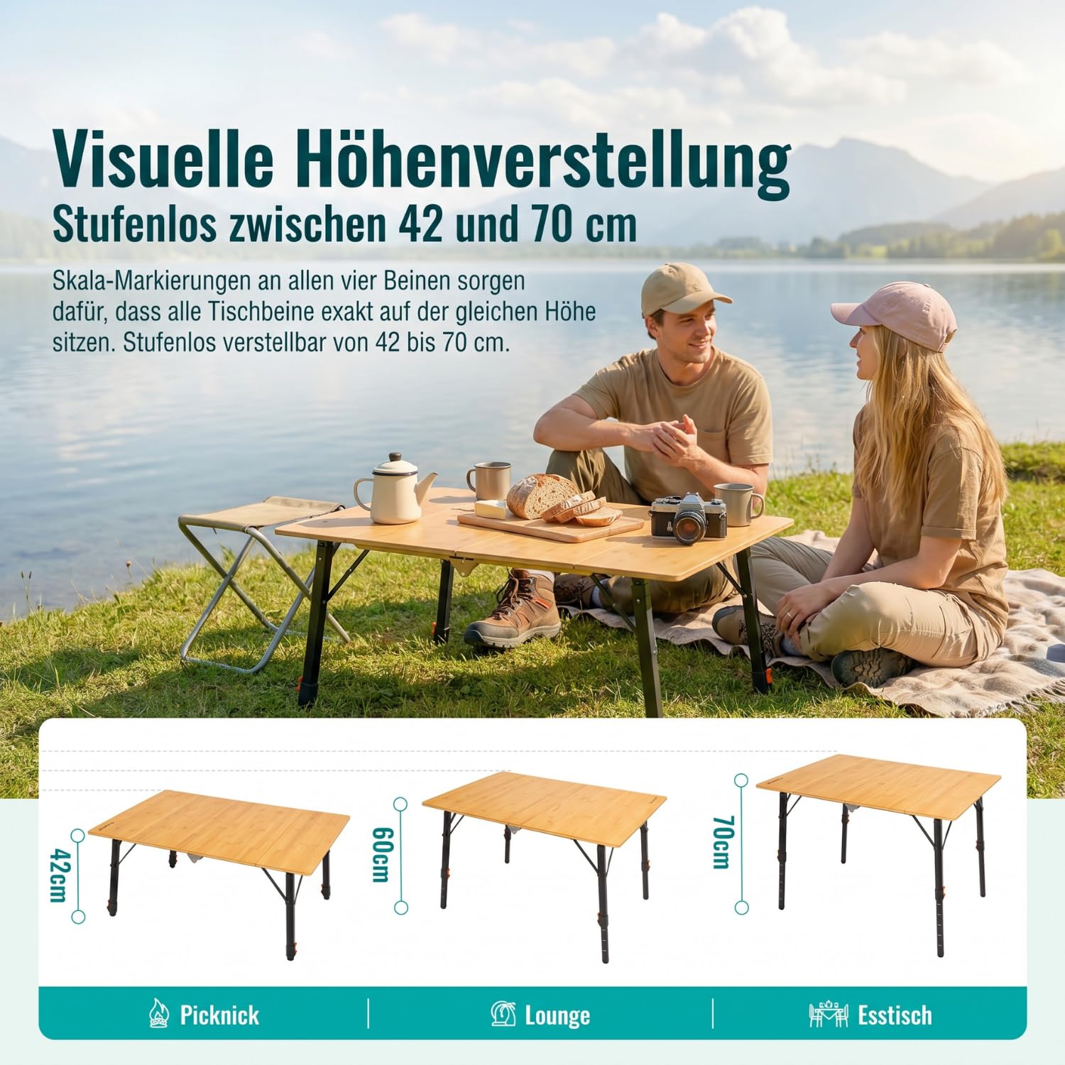 ARCTA® Campingtisch Faltbar Bambus 100x70cm – Höhenverstellbar 42-70cm – Klapptisch Outdoor bis 80kg – Picknicktisch für Camping, Garten & Balkon – inkl. Tragetasche – 8,5kg