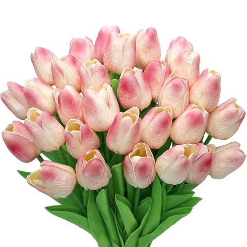28pcs Pink Flowers Artificial Tulip Stems Real Feel PU Tulips