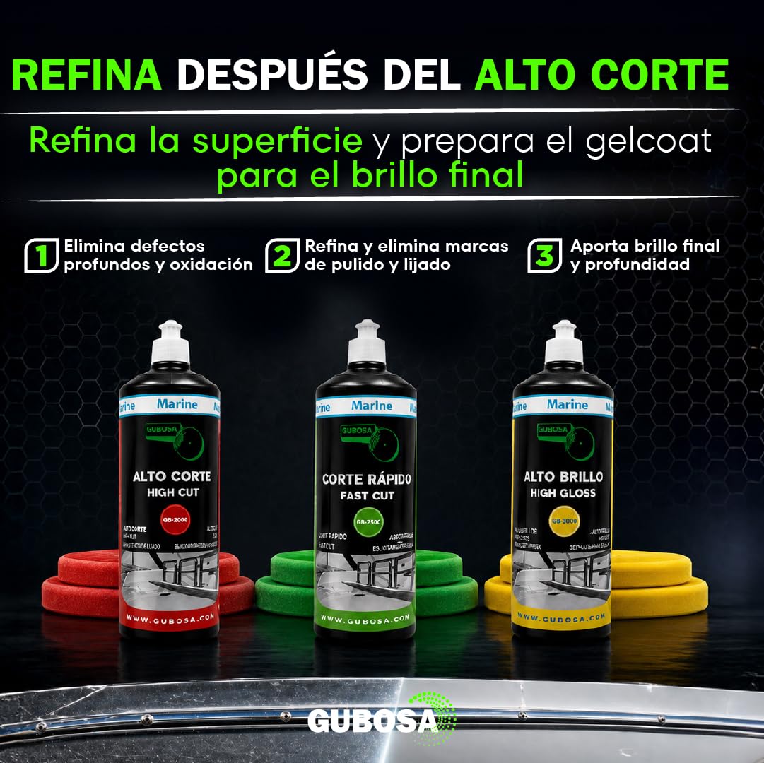 Vernis haute coupe gelcoat 1000 ml élimine oxydation marques enlève rouille métal restaure brillance polissage professionnel detailing voiture bateau sans silicone utilisation avec polisseuse | GUBOSA