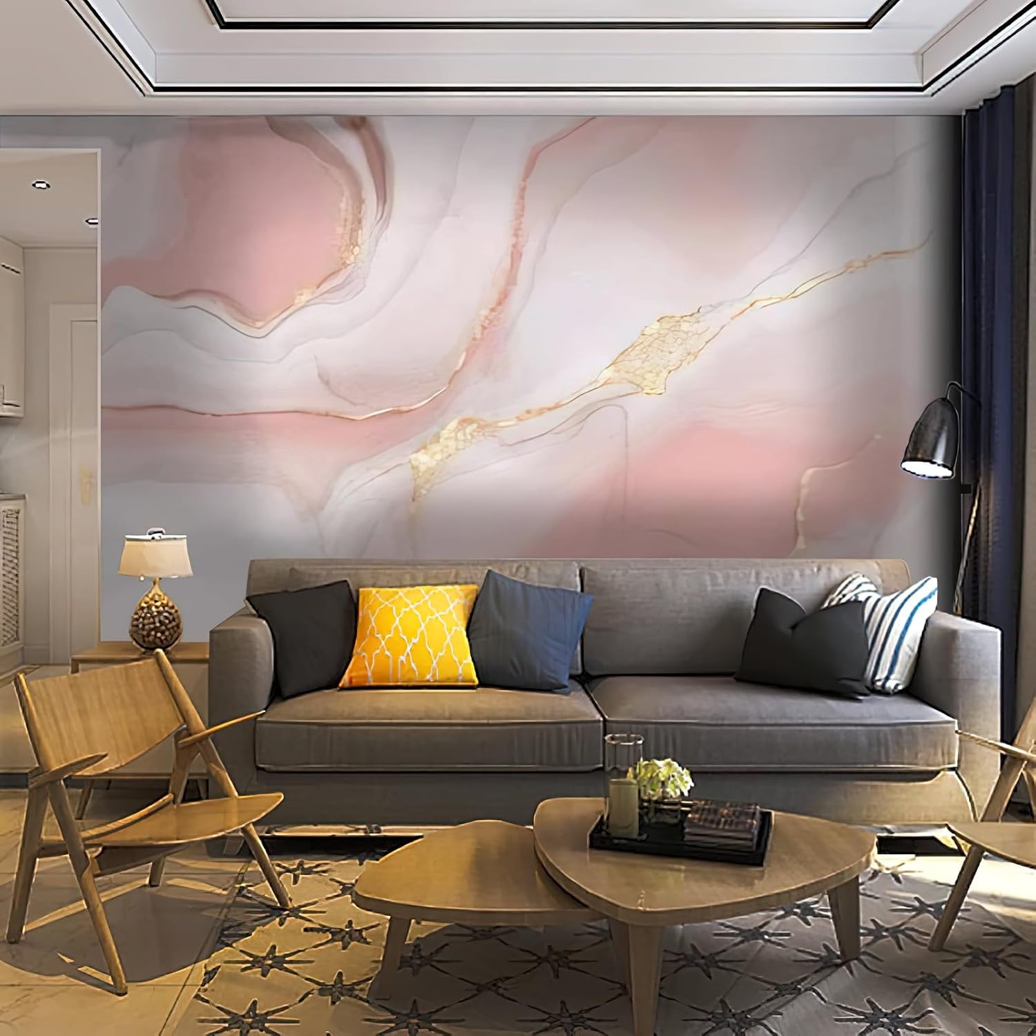 Pink Marble 3D Mural Wallpaper, Gold Powder Texture Photo Wall Mural, Photo Wallpaper for Living Room Bedroom Study TV Background Decor Mural - 169.3"x 118.2"(W x H)