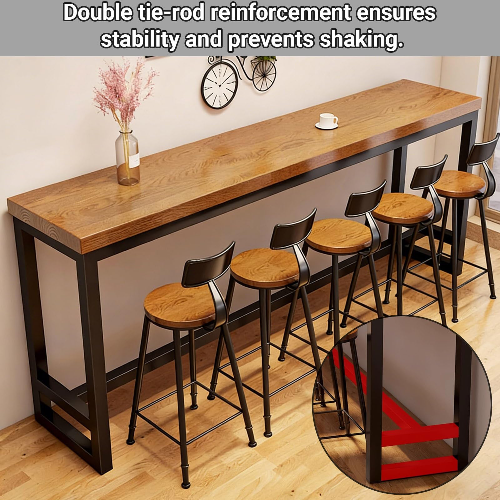 Live Edge - Tavolino alto con poggiapiedi, in legno massello, per casa, balcone e caffetteria, salvaspazio (legno naturale, 180 x 40 x 105 cm)