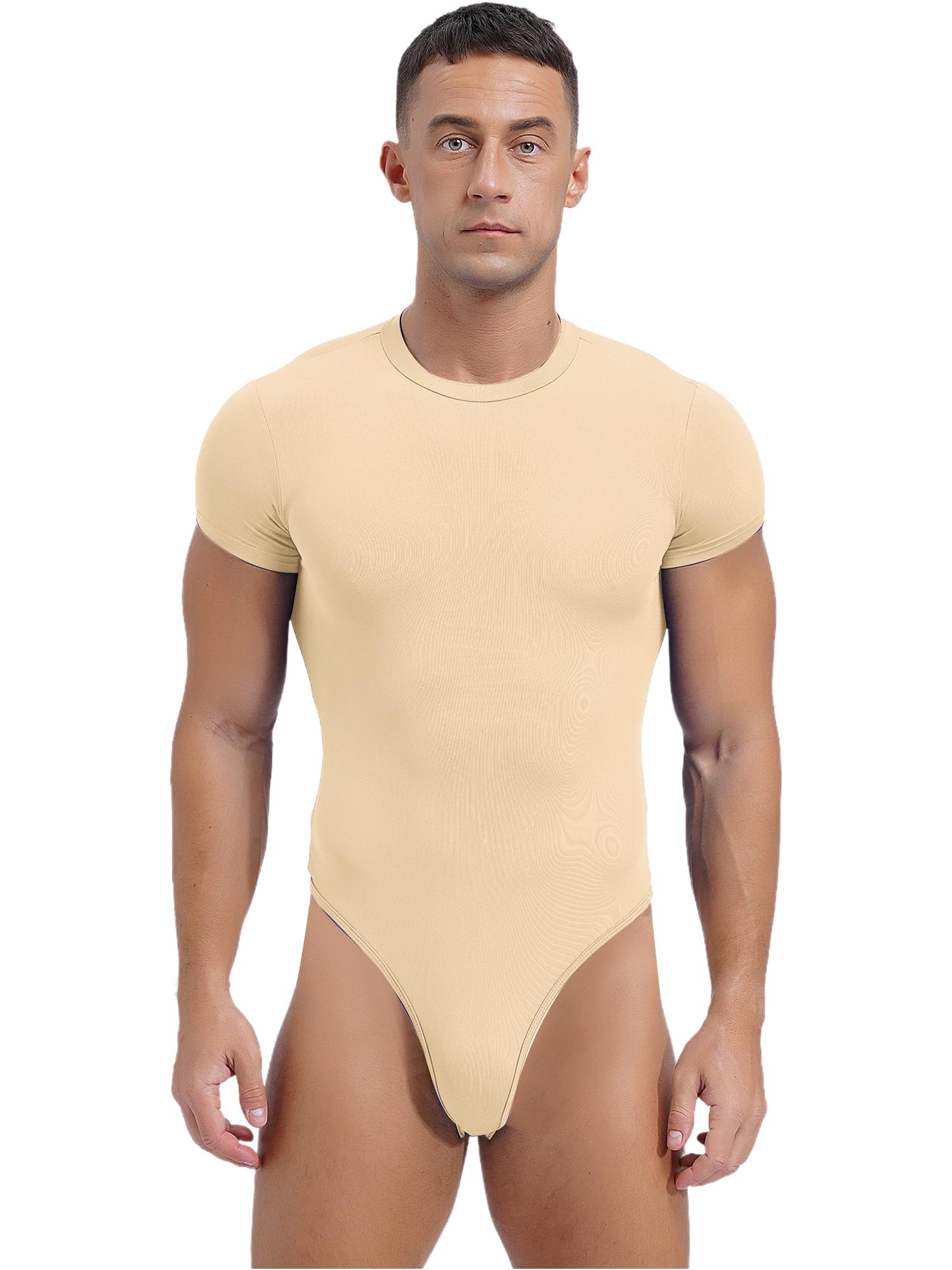 CHICTRY Mens Stretchy One-Piece High Cut Thong Leotard Bodysuit Racerback Wrestling Singlet Swimsuit 5# Beige B XL