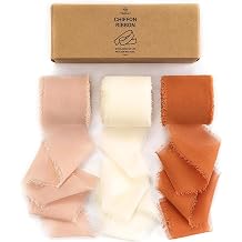 Vitalizart Fall Handmade Chiffon Silk Ribbon Fringe 1.5" x 21 Yd Terracotta Cream Frayed Edges Ribbons for Wedding Invitations Bridal Bouquets Gifts Wrapping Crafts Holiday Party Decorations