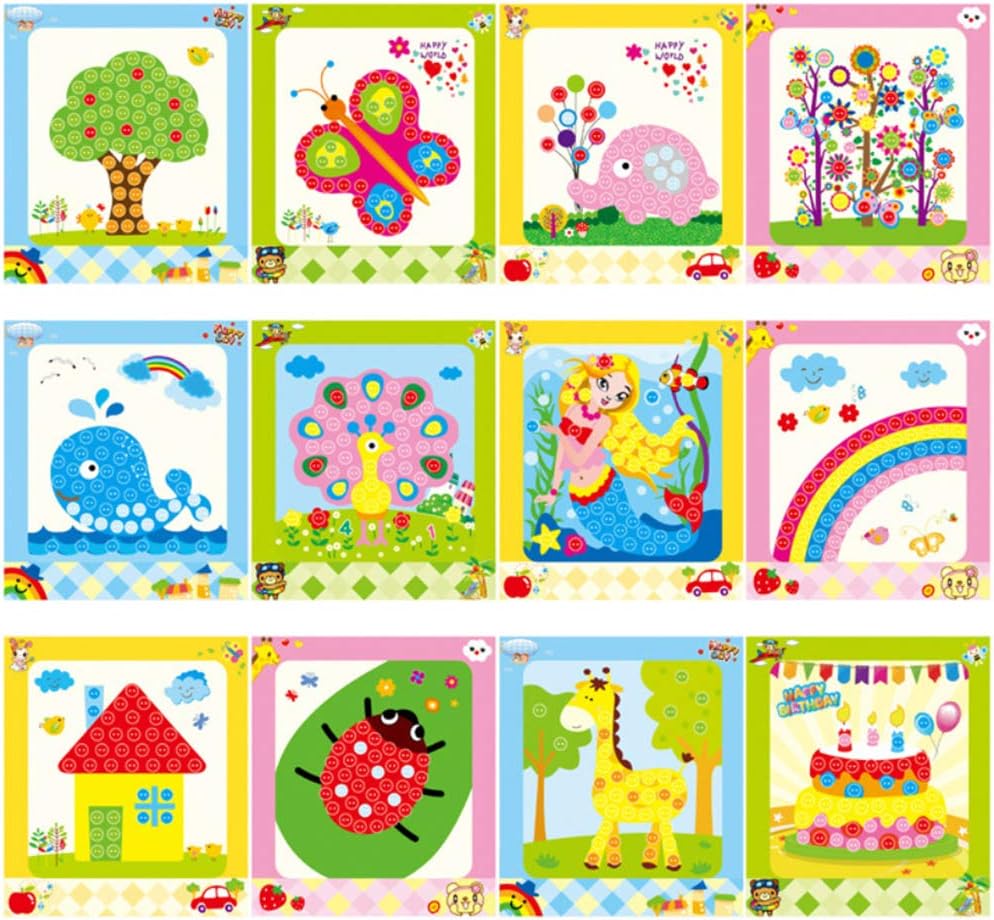 Lovyan Colorful Sticky Buttons Paintings Mosaic Sticker Art Sticky DIY Handmade Art Kits for Kids, Set of 12