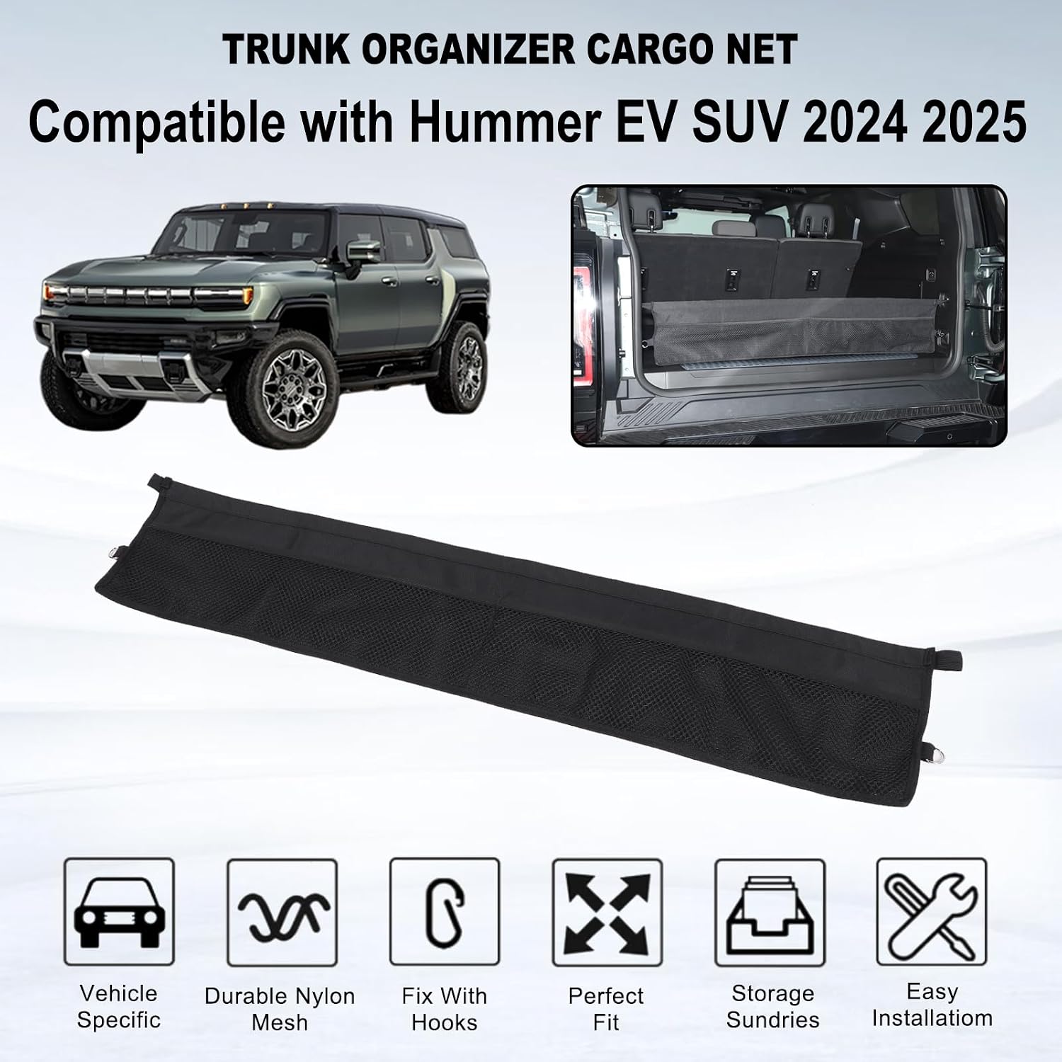Yinanlutos Trunk Organizer Cargo Net Compatible with Hummer EV SUV 2024 2025 2026 Trunk Mesh Cargo Net Expandable Pocket Storage Bag 1PCS