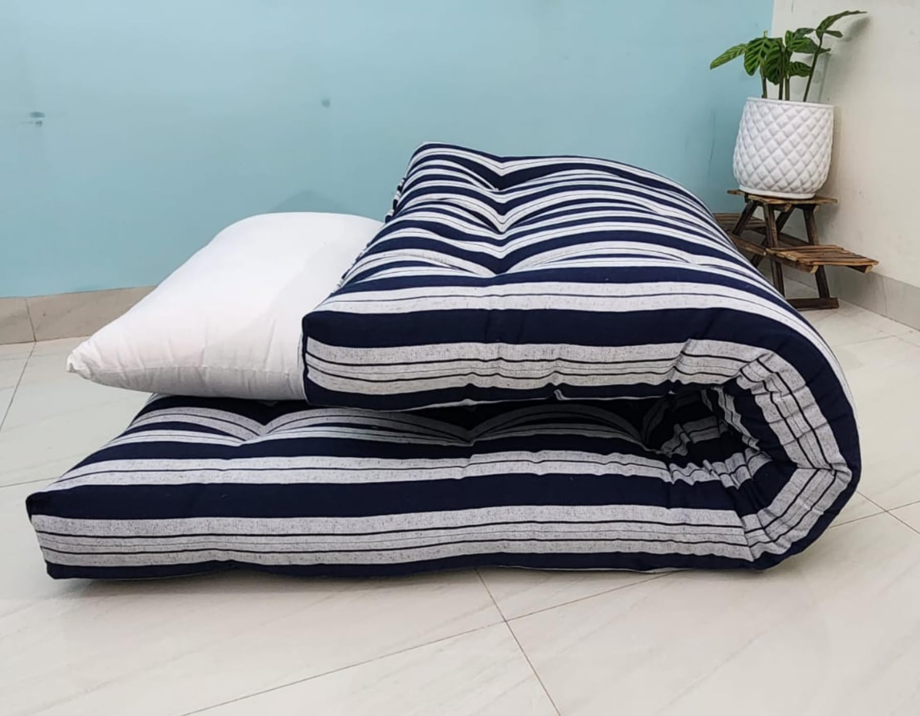 AGLA KADAM Soft White Cotton Filled Foldable Mattress | Rui ka Gadda Blue-White Striped Colour (4 x 6 Feet or 72 x 48 x 4 Inches,)-image-10