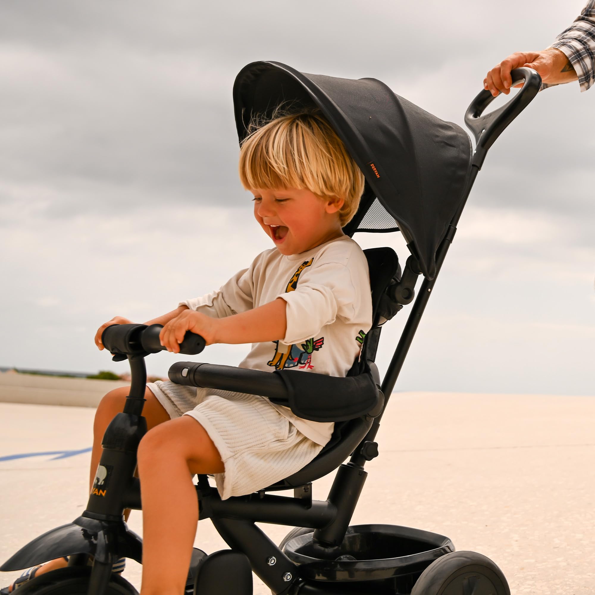 Deryan Tricycle Bébé Adventurer de 9 Mois à 25 kg, Draisienne Évolutif, Velo Poussette, Trike Bebe, Capote dépliable avec Pare-Soleil, Léger, Rangement, Noir