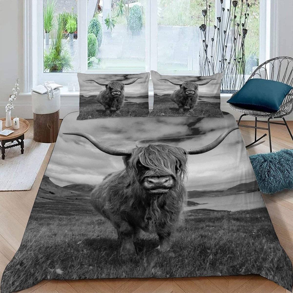 RFFLUX 3D Highland Cattle King size Bedding Sets 3 Pieces 220x230 Ultra Soft Microfiber Farm Animals Cow Duvet Cover with Zipper Closure Easy Care Quilt Cover with 2 Pillowcase for Adults Room Decor