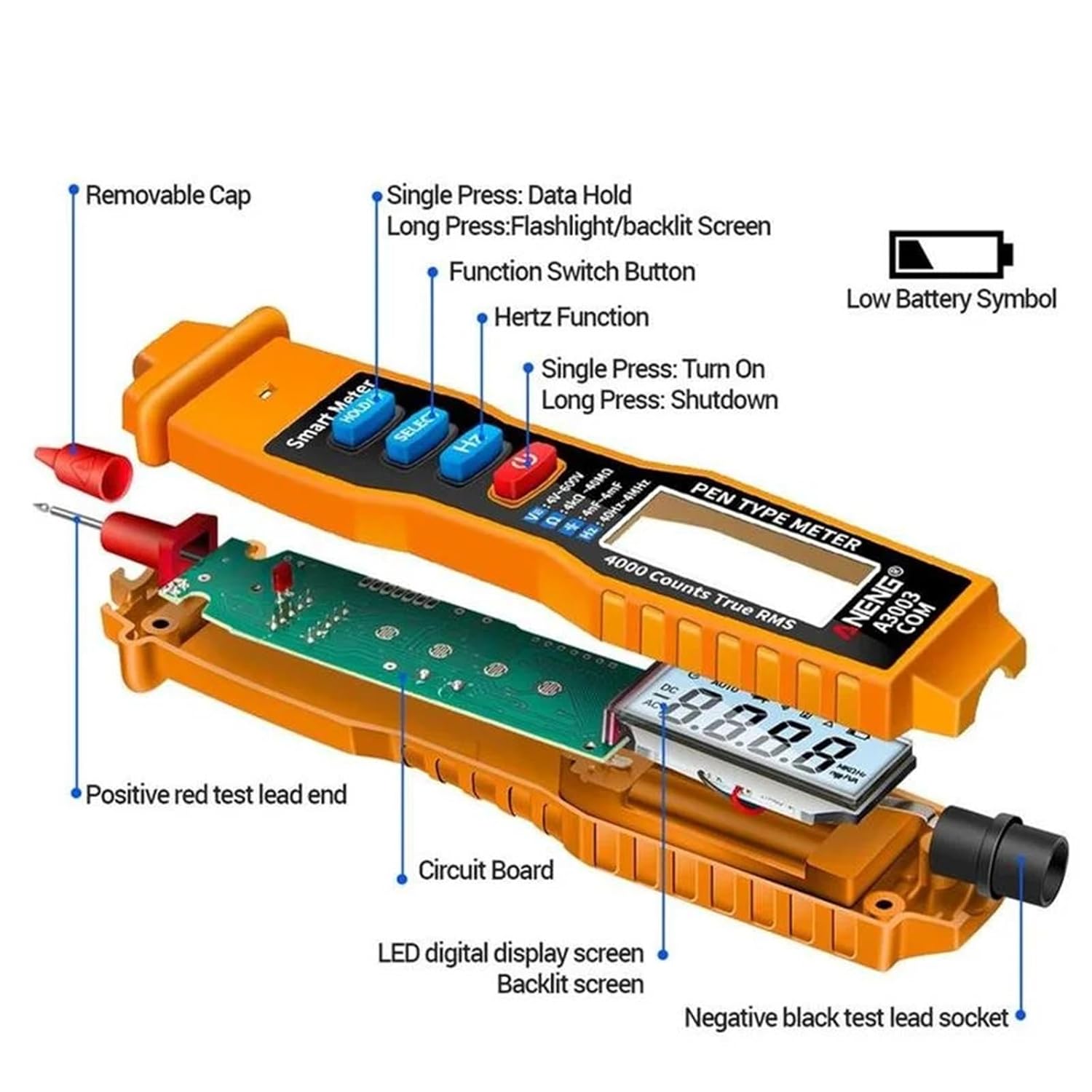 A3003 Digital Multimeter 4000 Counts, Intelligent Non-Contact Voltage Tester, AC/DC Hz Capacitance Measuring Tool(A3003 Black)