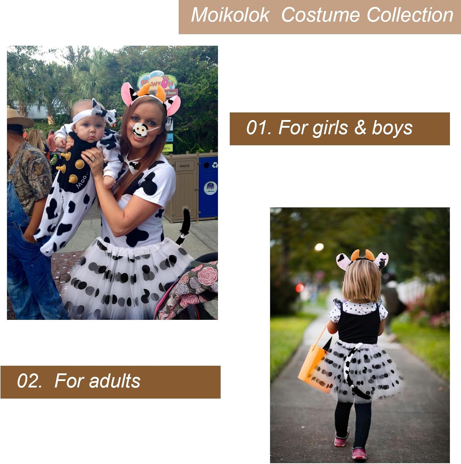 Cow Costume Adults Cow Headband and Tail, Tutu, Nose, Bowtie Animal Halloween Cosplay Clip-On Tail 2-Layer Spotted Tutu Skirt Farm Animal Outfit - Image 4