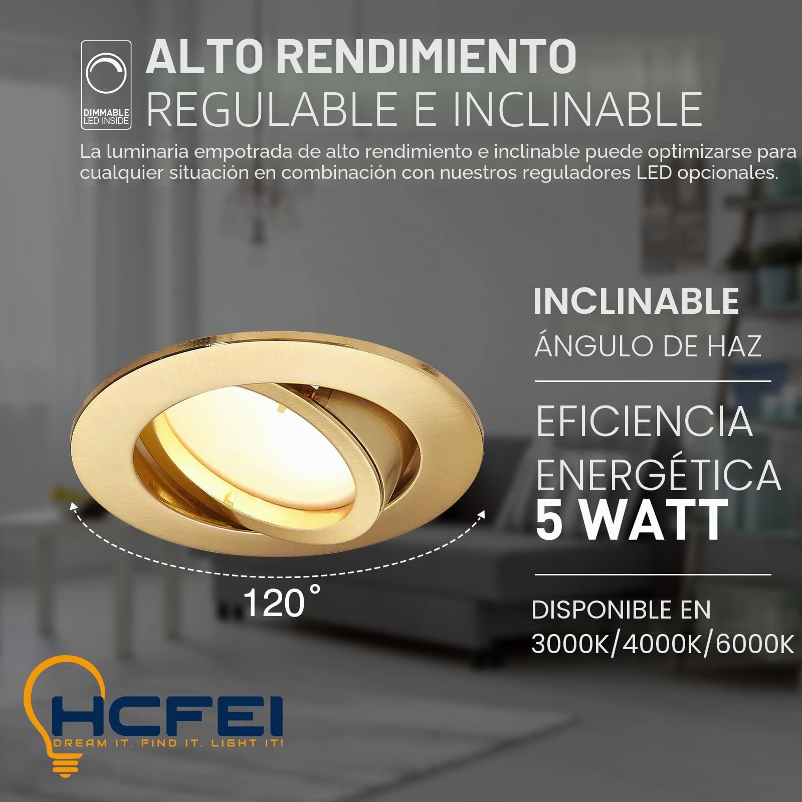 HCFEI - Lote de 3 focos LED empotrables, totalmente orientable, dorado con bombilla GU10, módulo 220 V, 5 W, regulable, blanco cálido, taladrado 68 mm