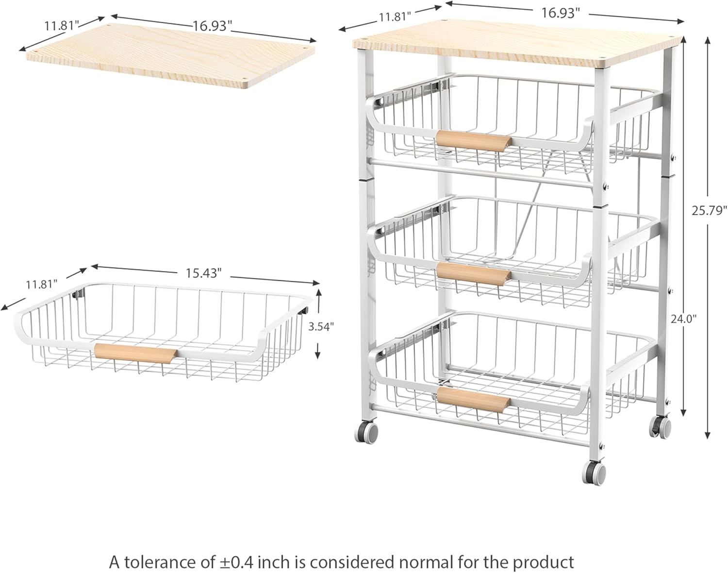 JAQ Slide Out Fruit Vegetable Basket for Kitchen, 4-Tier Rolling Storage Cart with Wooden Handle & Top, Metal Wire Produce Rack for Pantry Organization, Onion Potato Storage Bins for Small Space,White
