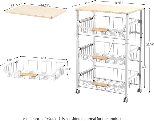 Miniatura 2 de JAQ Cesta deslizante para frutas y verduras para cocina, carrito de almacenamiento con ruedas de 4 niveles con mango de madera y parte superior,