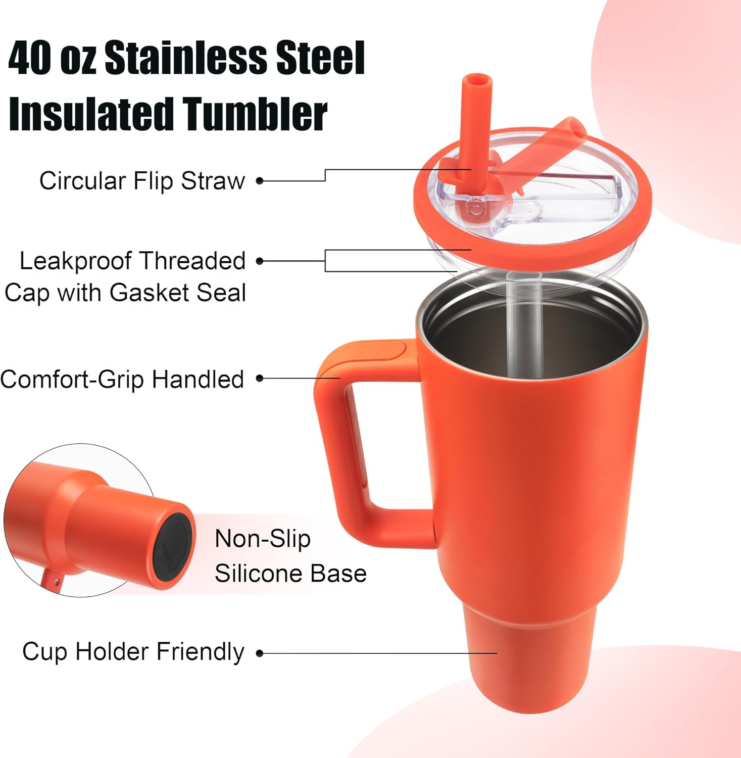 40 oz Insulated Tumbler with Handle and Straw, 100% Leakproof Stainless Steel Water Bottle Travel Mug, Valentine's Day Tumbler, Gifts for Men & Women,Cup Holder Friendly,BPA-Free (Orange) - Image 2