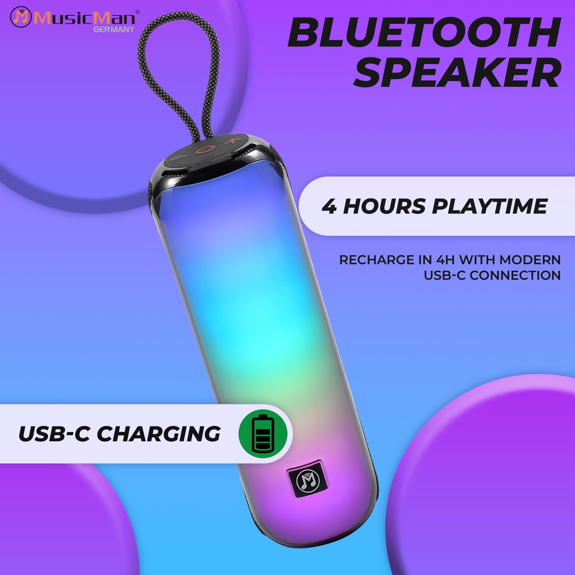 MusicMan Enceinte Bluetooth Portable Avec Lumières Disco RVB | Isleden