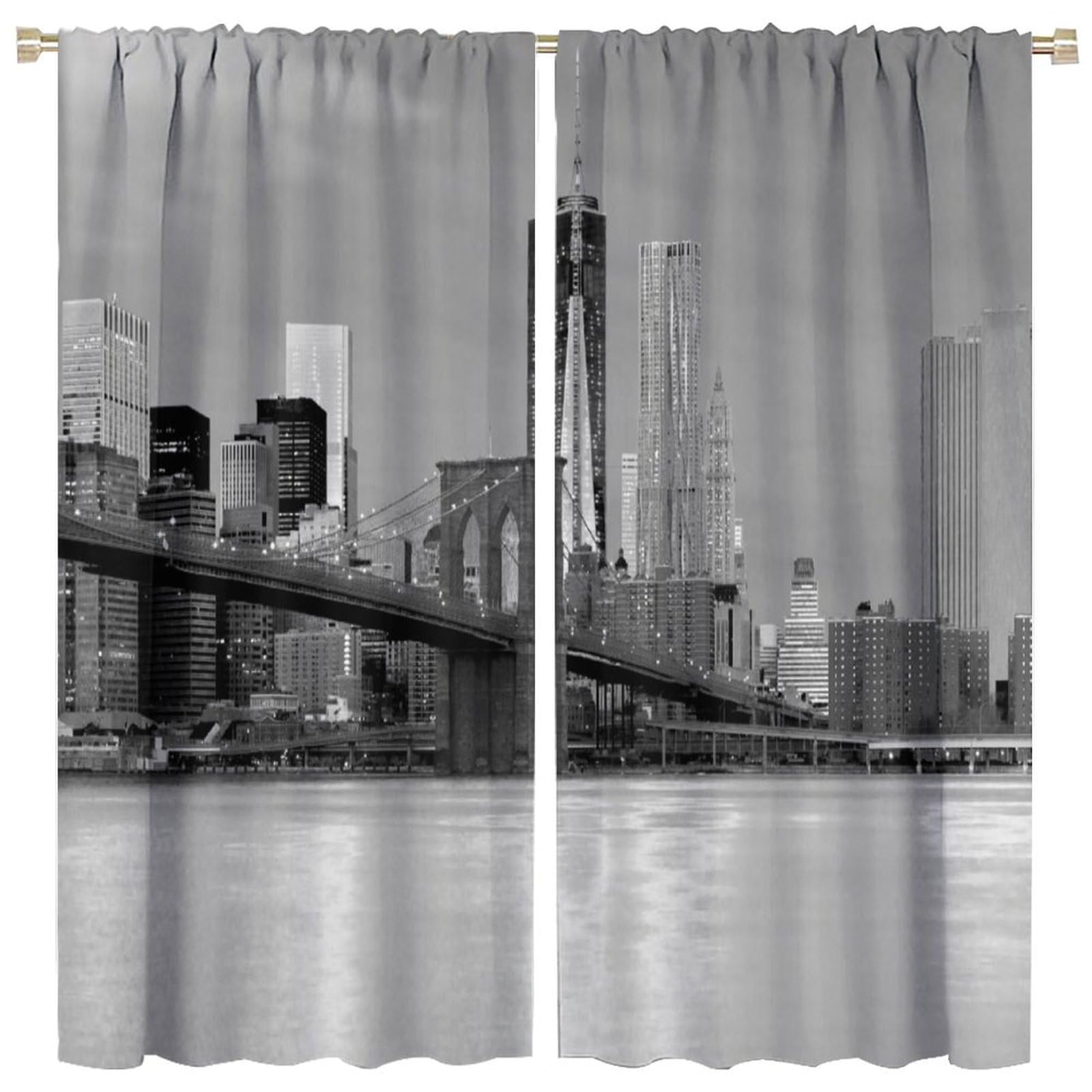 Modern Blackout Window Curtains, Brooklyn Bridge Sunset Manhattan American New York City Famous Town for Living Rooms and Bedrooms Drapes 2 Panels 84x84in