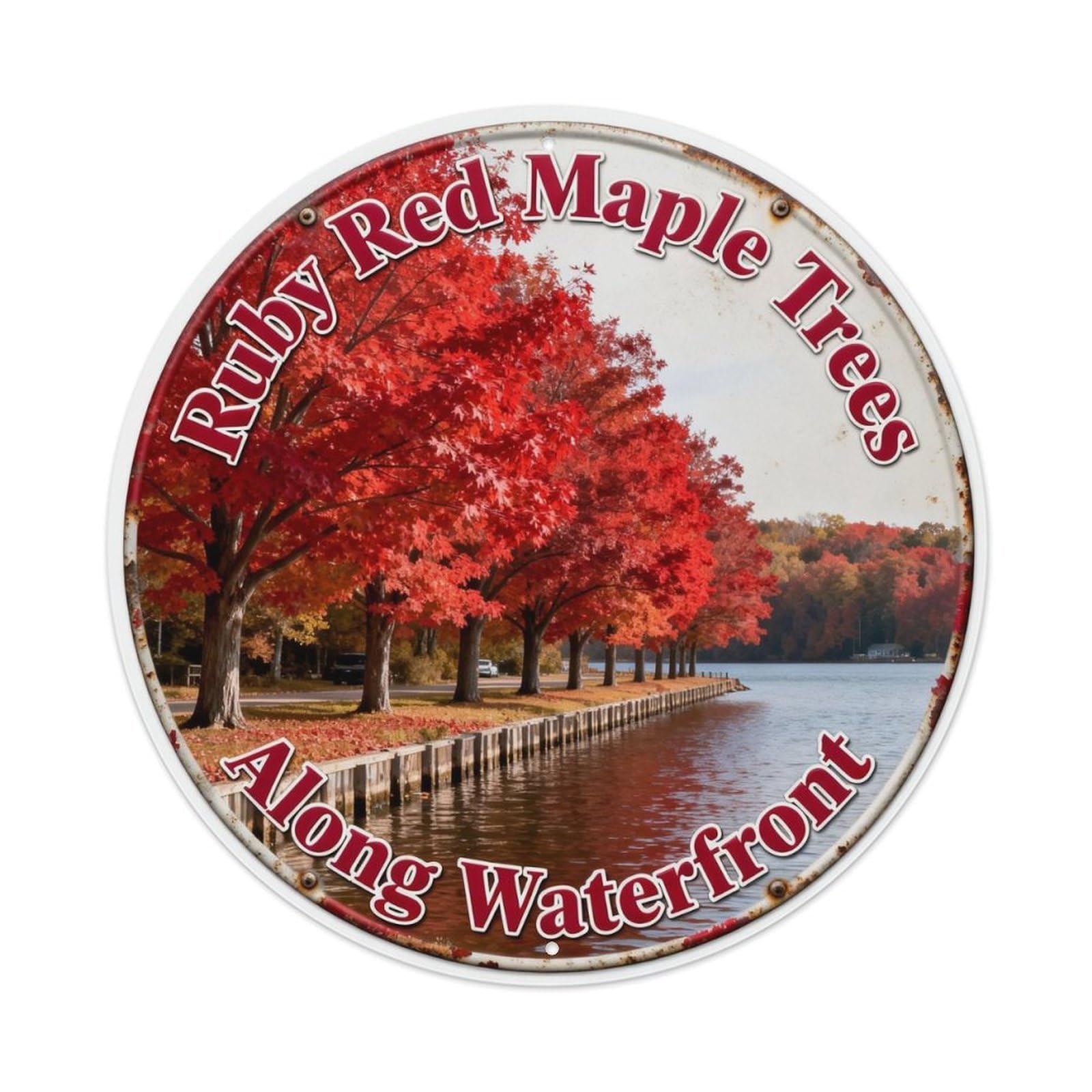 Ruby Red Maple Trees Along Waterfront Metal Tin Sign Plaque