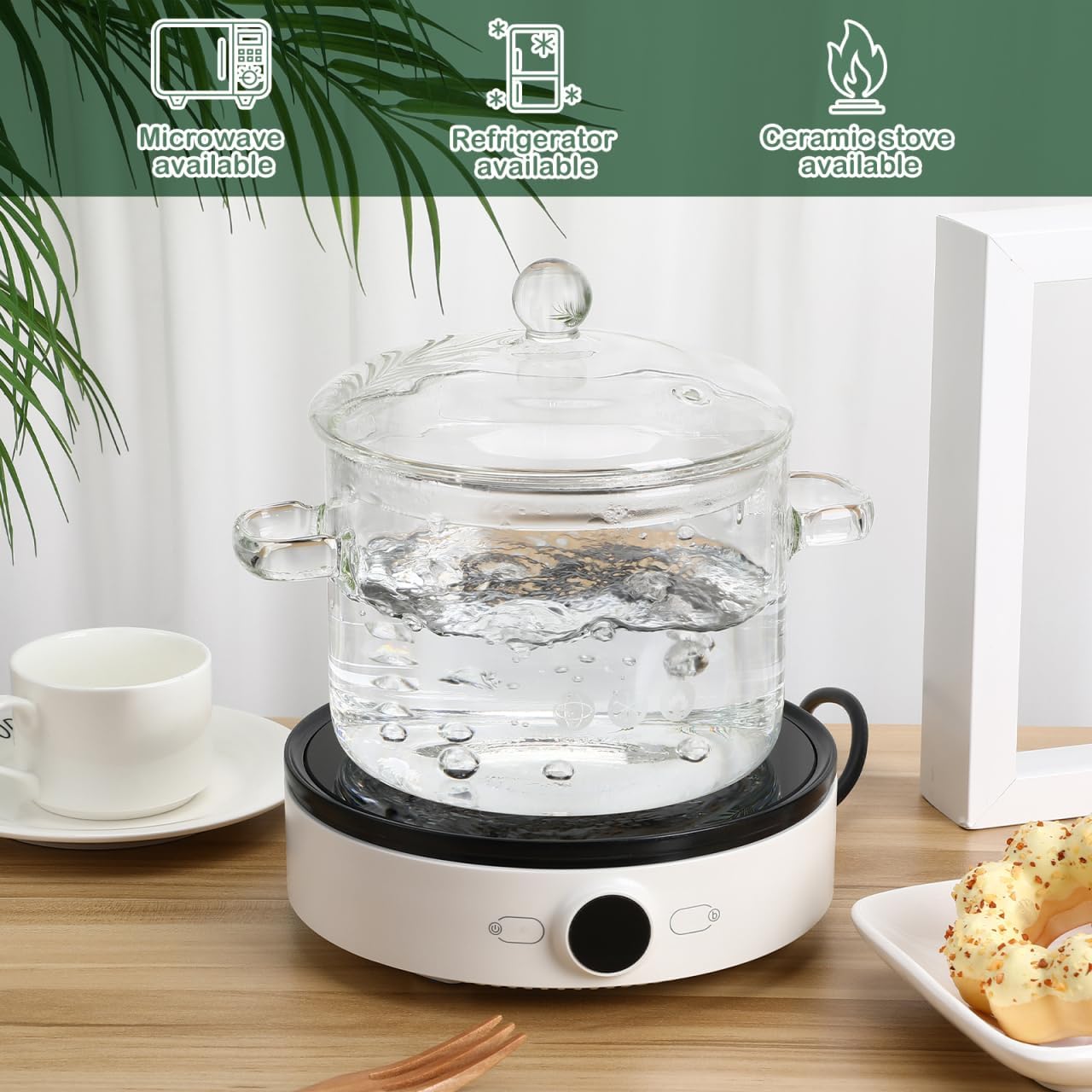 Hemoton Clear Glass Simmer Pot with Lid for Stovetop Potpourri, 1.3L/45 Fl Oz Borosilicate Glass Pots for Cooking on Stove, Cookware Stovetop Saucepan for Soup, Pasta, Milk, Fruit, Tea