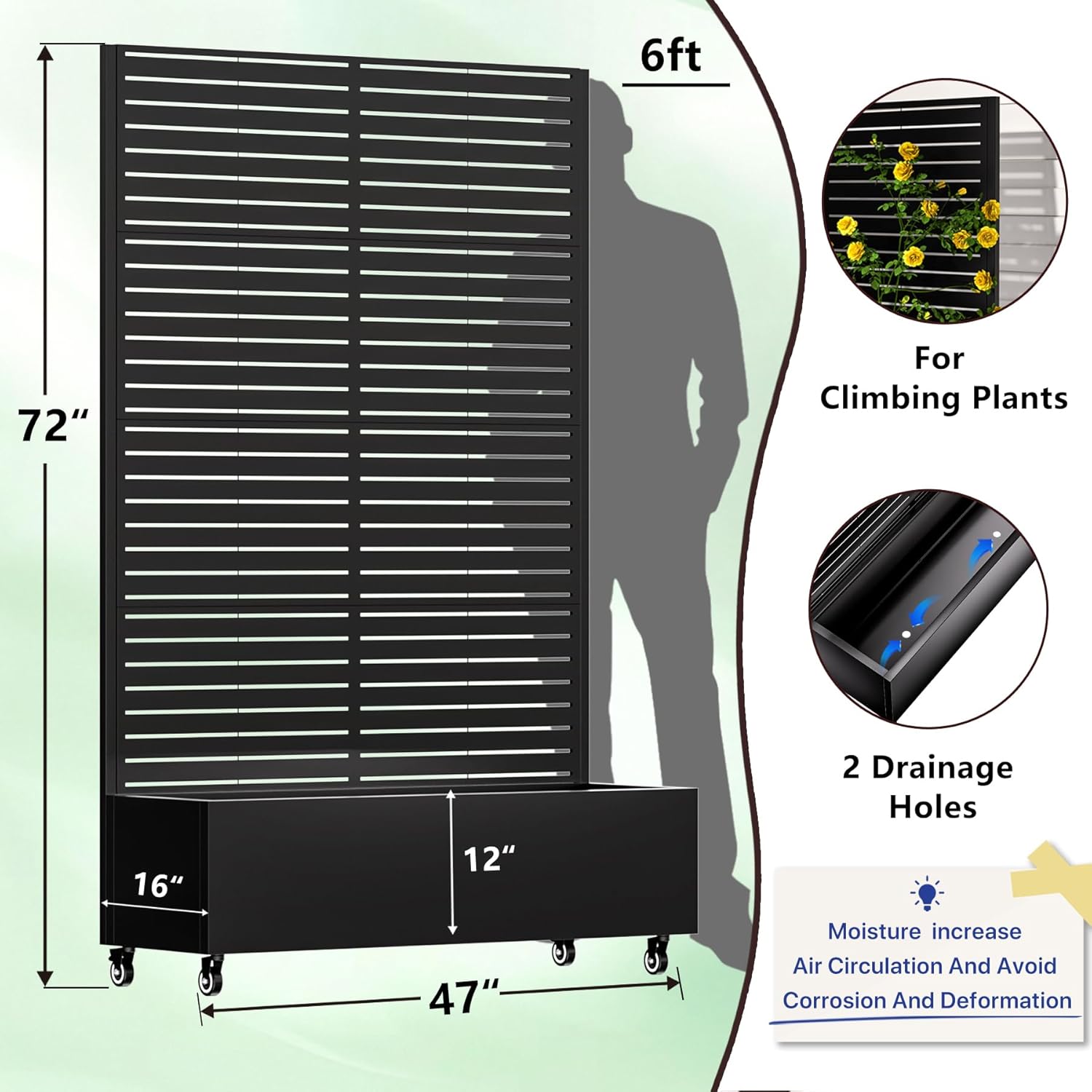 Metal Planter Box with Trellis,72"x47"x16"Galvanized Steel Outdoor Raised Garden Bed with Privacy Screen,with Drainage Holes & Lockable Casters for Climbing Plants,Vegetables,and Vines(BYC)
