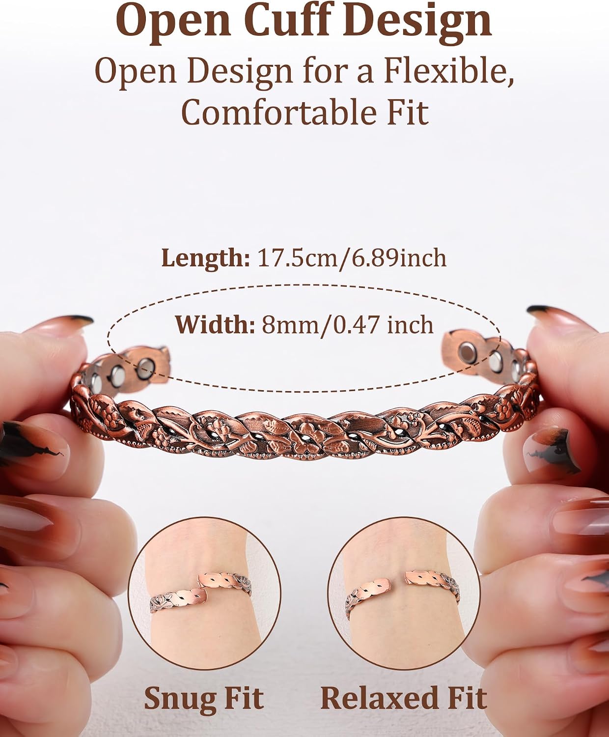 BioMag Magnetic Copper Bracelet for Women Men, 99.99% Pure Copper Cuff Bangle with 6 Pcs 3500 Gauss Magnets, Adjustable Jewerly Gift