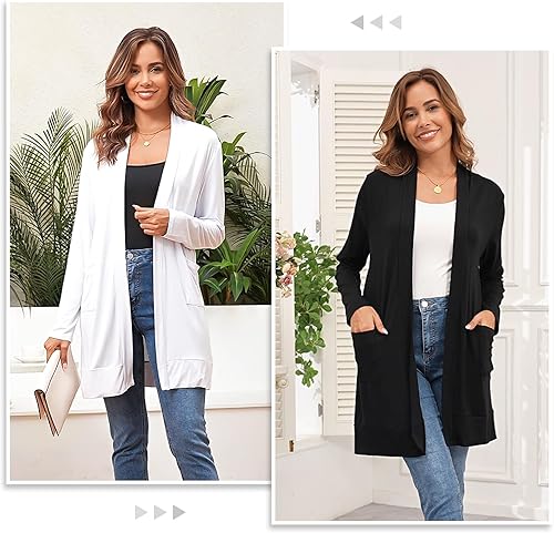 Miniatura 6 de TownCat Cárdigan ligero para mujer con bolsillo, manga larga, frente abierto, casual, cárdigan suelto para mujer (negro 1, XXL)