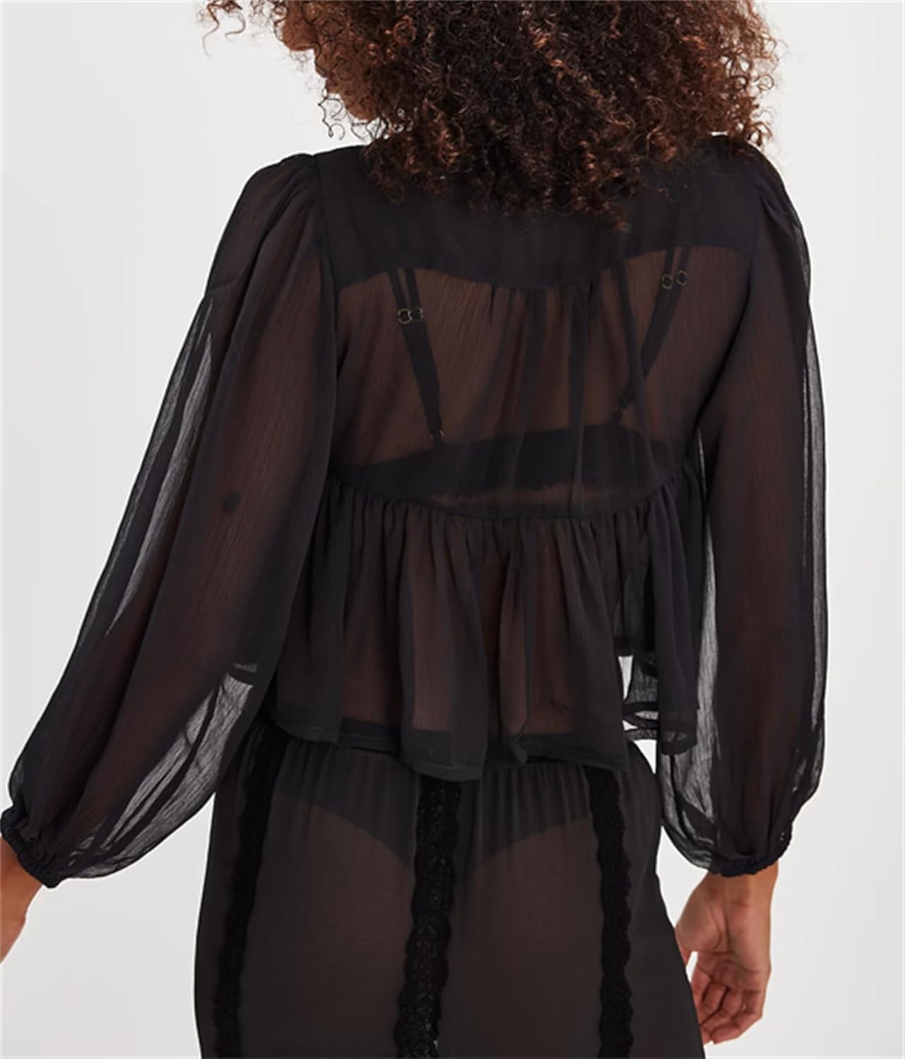 Women Mesh Sheer Shirt Poncho Tops Long Sleeve Ruffle Hem See Through Casual Chiffon Blouse Y2k Going Out Tops - Image 5